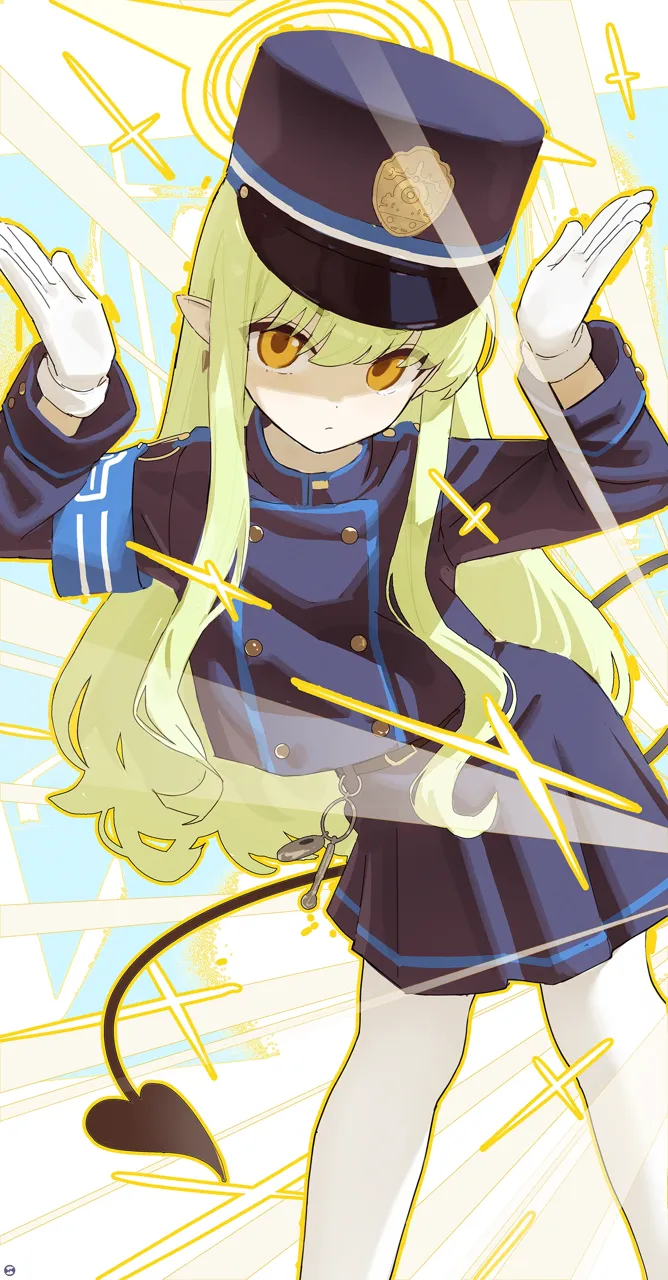 1girl armband black_hat black_shirt black_skirt black_tail blue_armband closed_mouth demon_girl demon_tail feet_out_of_frame gloves green_hair halo hands_up hat leaning_forward leaning_to_the_side long_hair long_sleeves looking_at_viewer pantyhose peaked_cap pointy_ears shirt skirt solo sparkle sparkling_aura standing tail white_gloves white_pantyhose yellow_eyes yellow_halo songchuan_li blue_archive hikari__blue_archive