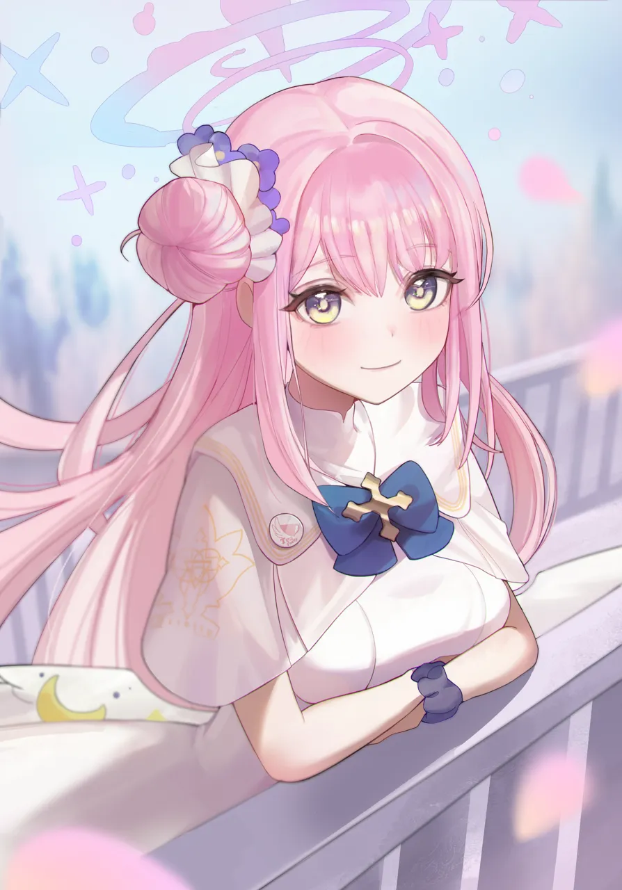 1girl badge blue_bow blurry blurry_background blurry_foreground blush bow breasts button_badge capelet closed_mouth crescent cross crossed_arms dress flower frilled_ribbon frills hair_between_eyes hair_bun hair_flower hair_ornament hair_ribbon halo large_breasts leaning_forward long_hair looking_at_viewer low_wings petals pink_hair pink_halo pink_petals print_capelet purple_flower purple_scrunchie ribbon scrunchie single_side_bun smile solo white_capelet white_dress white_ribbon white_wings wings wrist_scrunchie yellow_eyes zije blue_archive mika__blue_archive