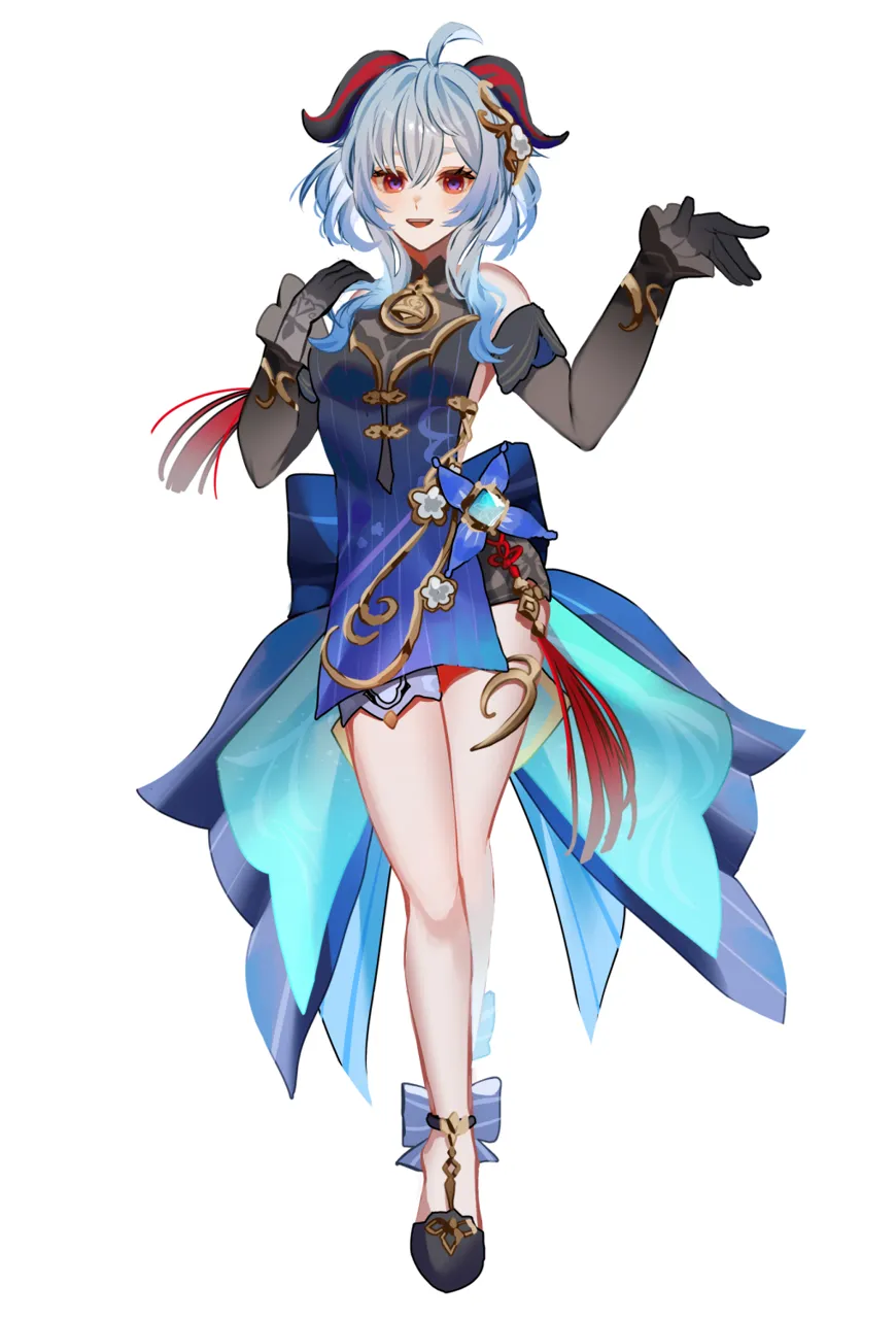 1girl _d ahoge bare_legs bare_shoulders black_gloves black_shoes blue_dress blue_hair detached_sleeves dress full_body gloves horns long_hair looking_at_viewer official_alternate_costume open_mouth purple_eyes shoes simple_background smile solo standing thighs white_background om_rm1101 genshin_impact ganyu__genshin_impact ganyu__twilight_blossom__genshin_impact