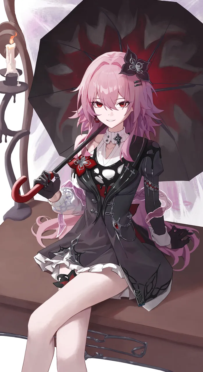 1girl black_dress black_flower black_gloves candle candlestand crossed_legs dress earrings flower gloves hair_between_eyes hair_flower hair_ornament hairclip holding holding_umbrella jewelry long_hair long_sleeves looking_at_viewer mirror official_alternate_costume official_alternate_eye_color parallel_hairclips pink_hair red_eyes ring shirt single_bare_shoulder single_earring sitting smile solo umbrella white_wrist_cuffs wrist_cuffs llami_0 honkai__star_rail honkai__series evernight__honkai__star_rail march_7th__honkai__star_rail