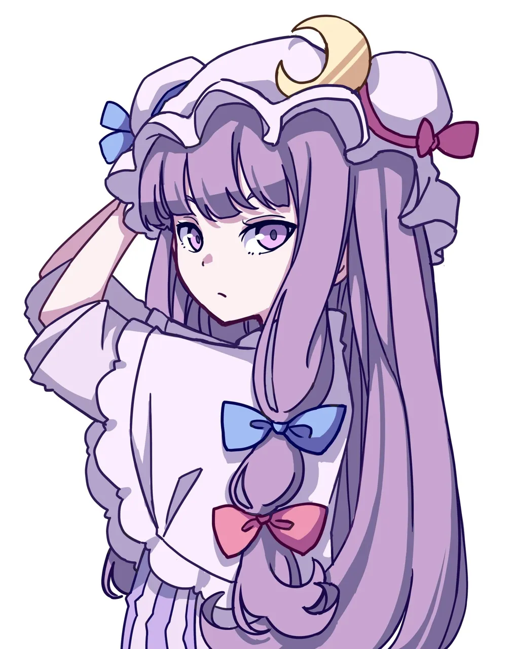 1girl bangs blue_bow blue_ribbon bow crescent crescent_hat_ornament crescent_pin dress hair_bow hair_ribbon hat hat_ornament long_hair looking_at_viewer mob_cap purple_eyes purple_hair purple_headwear red_bow red_ribbon ribbon simple_background solo striped striped_dress very_long_hair white_background touhou patchouli_knowledge__touhou