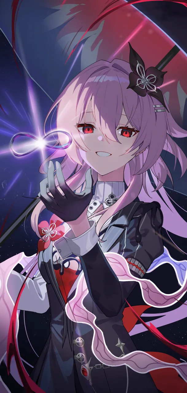 1girl amphoreus__honkai__star_rail black_flower black_gloves black_jacket flower gloves glowing hair_between_eyes hair_flower hair_ornament hairclip half_jacket hand_up holding holding_umbrella infinity_symbol jacket long_hair long_sleeves looking_ahead night night_sky object_floating_above_hand open_mouth parallel_hairclips pink_hair red_eyes sky smile solo space sparkle star__sky teeth umbrella wing_collar ohihil honkai__star_rail honkai__series evernight__honkai__star_rail march_7th__honkai__star_rail