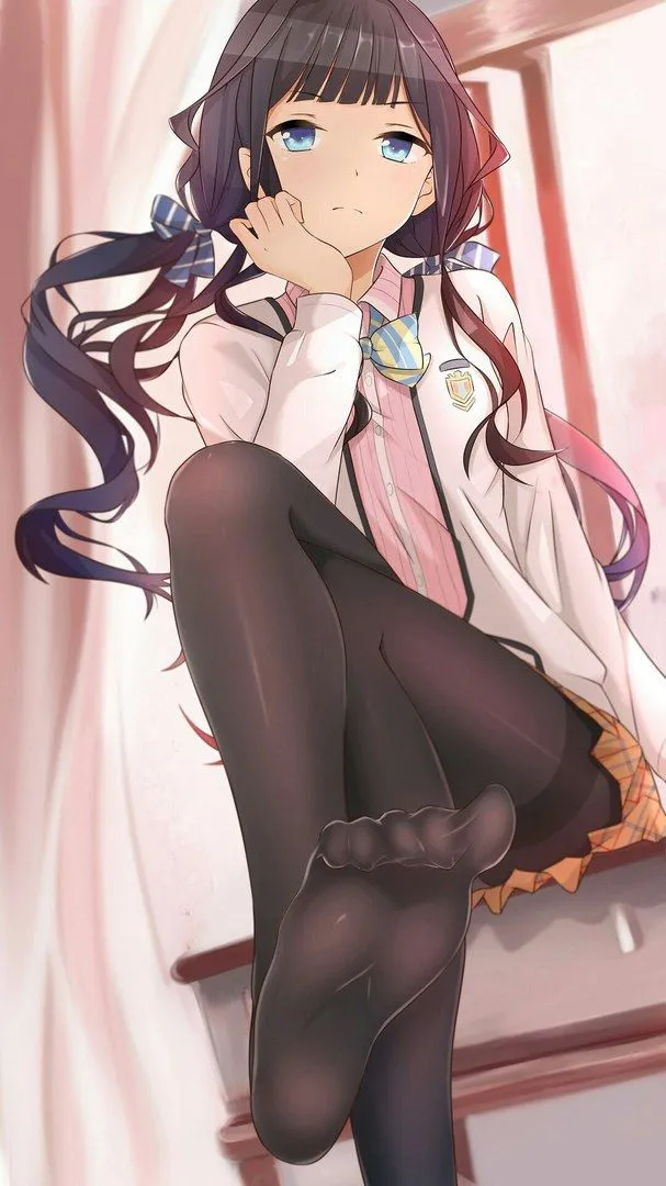 1girl bangs black_legwear blue_eyes blush closed_mouth curtains eyebrows_visible_through_hair feet hand_on_own_cheek hand_on_own_face indoors jacket long_hair long_sleeves looking_at_viewer low_twintails mole no_shoes pantyhose plaid plaid_skirt school_uniform sitting skirt soles solo thighband_pantyhose twintails window masamune_kun_no_revenge aki_adagaki__masamune_kun_no_revenge