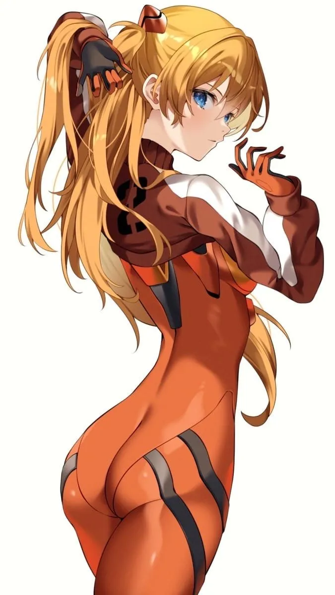 1girl ass bangs blue_eyes blush bodysuit bracer breasts closed_mouth cowboy_shot eyepatch from_side hair_between_eyes hair_ornament hand_up headgear interface_headset long_hair looking_at_viewer looking_back orange_hair pilot_suit plugsuit red_bodysuit simple_background solo standing turtleneck white_background neon_genesis_evangelion souryuu_asuka_langley__neon_genesis_evangelion