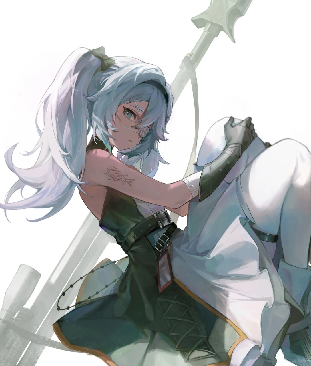 1girl anti_materiel_rifle black_bow black_dress black_gloves black_hairband bolt_action bow dark_skinned_female dark_skin dress eyepatch gloves grey_eyes gun hair_bow hairband long_hair looking_at_viewer pantyhose parted_lips rifle simple_background sniper_rifle solo steyr_hs__50 twintails two_tone_dress weapon white_background white_dress white_hair white_pantyhose mada__shizhou girls__frontline hs_50__girls__frontline