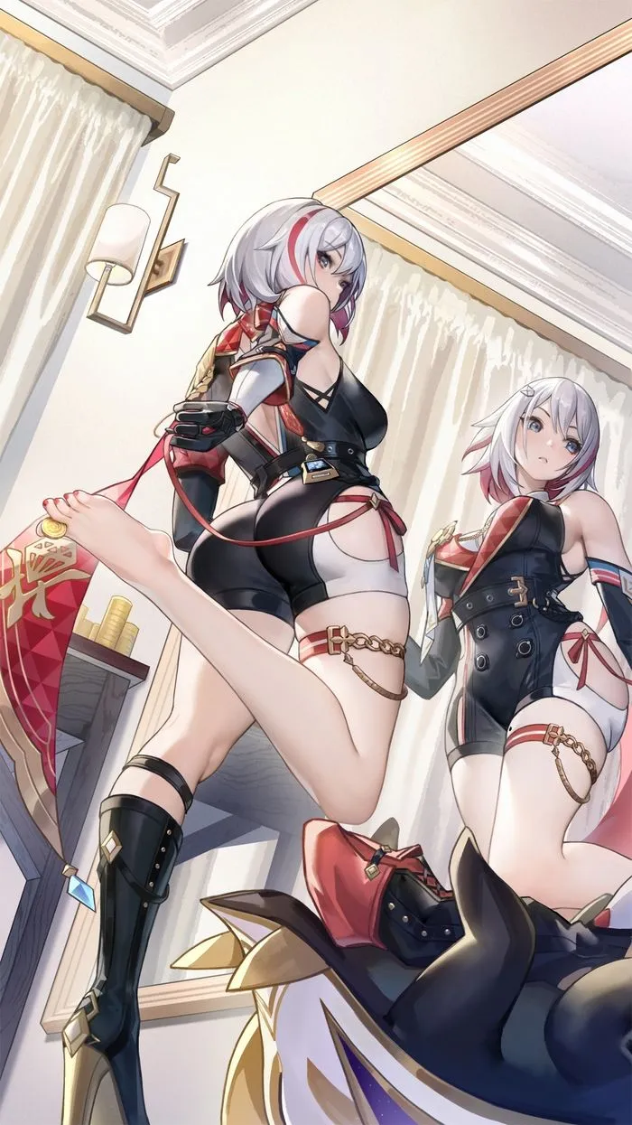 1girl ass bangs bare_shoulders blue_eyes breasts coin feet gloves indoors looking_at_viewer mirror multicolored_hair red_hair reflection short_hair silver_hair streaked_hair thigh_strap azur_lane admiral_graf_spee__azur_lane prinz_eugen__azur_lane