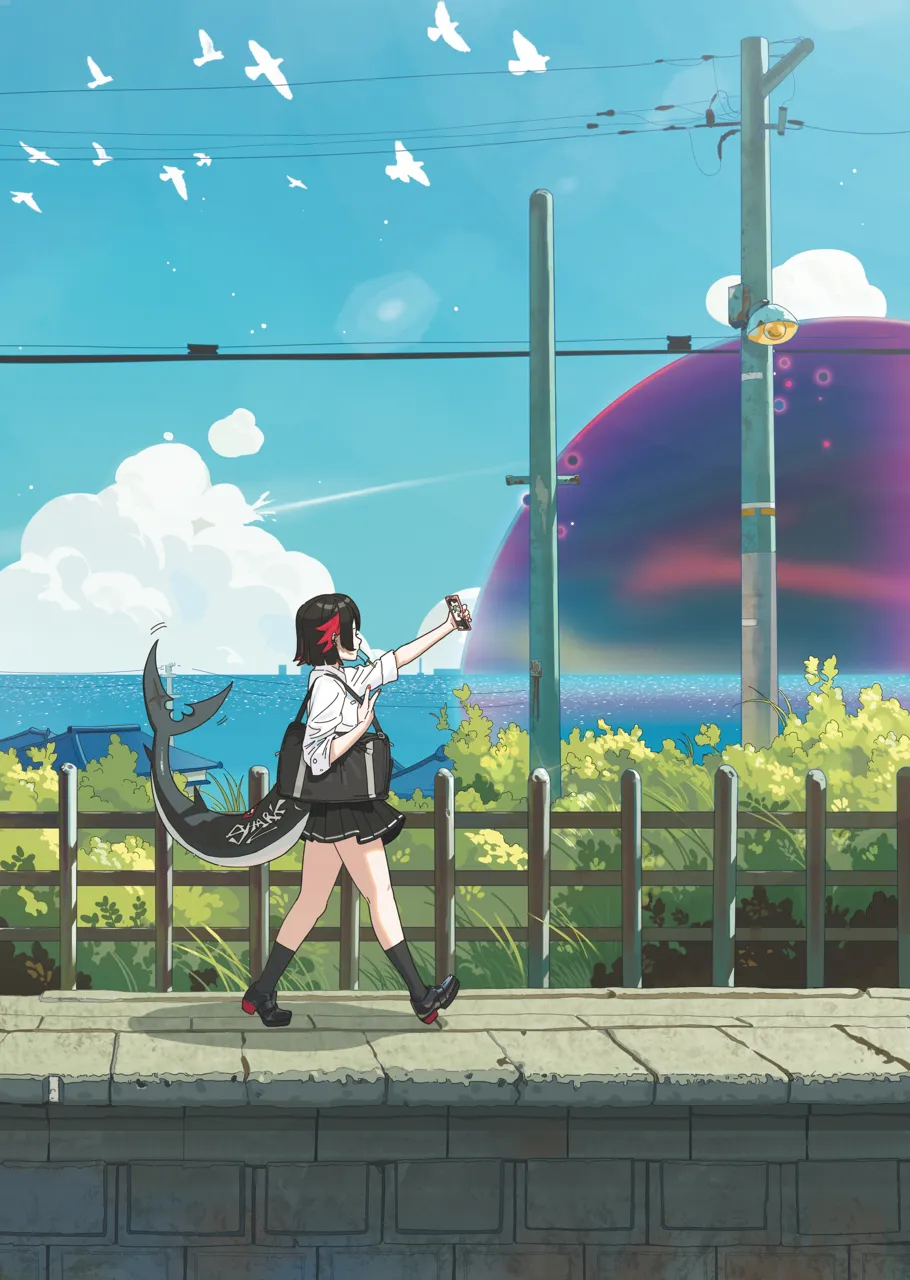 1girl bag bird black_hair black_skirt black_socks blue_sky bush cellphone cloud day fins fish_tail food food_in_mouth from_side holding holding_phone hollow__zenless_zone_zero multicolored_hair nail_polish ocean outdoors phone pleated_skirt popsicle popsicle_in_mouth power_lines profile red_hair selfie shark_girl shark_tail shirt shoes short_hair skirt sky smartphone socks solo tail walking water white_shirt midfinger zenless_zone_zero ellen_joe__zenless_zone_zero ellen_joe__on_campus__zenless_zone_zero