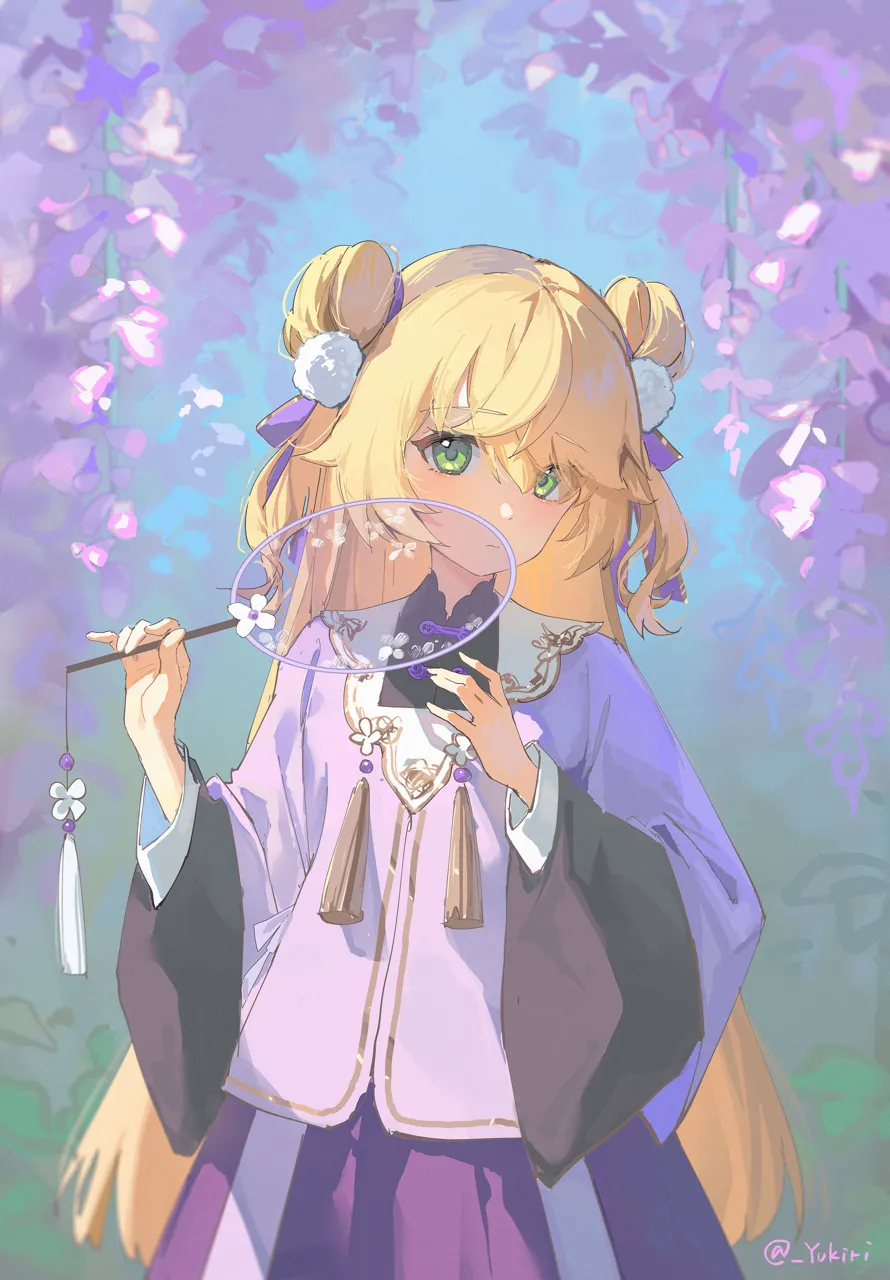 1girl alternate_costume aoqun blonde_hair chinese_clothes double_bun dress flower hair_bun hand_fan hanfu long_hair long_sleeves mamianqun purple_dress purple_ribbon purple_theme qixi_festival ribbon shy solo transparent_fan tuanshan wide_sleeves wisteria yunjian yukiri__l_ii genshin_impact fischl__genshin_impact