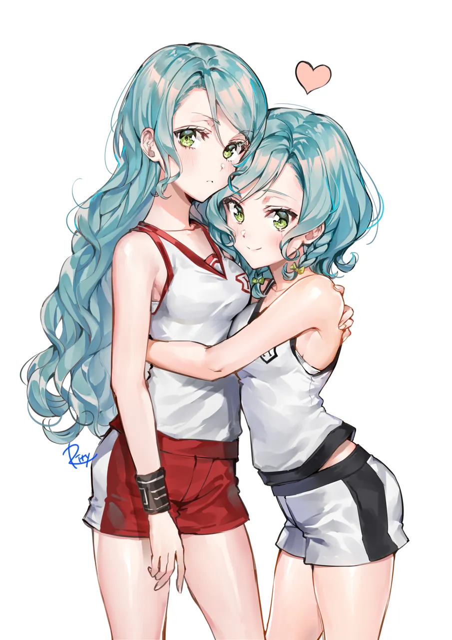 2girls aqua_hair artist_name blush bow braid breasts closed_mouth feet_out_of_frame green_eyes gym_shorts gym_uniform hair_bow heart hug long_hair looking_at_viewer medium_breasts midriff_peek multiple_girls red_shorts shirt short_hair shorts siblings side_braid sidelocks signature simple_background sisters sleeveless sleeveless_shirt smile sportswear standing swept_bangs thighs twin_braids twins wavy_hair white_background white_shirt white_shorts wristband k_rity bang_dream hikawa_hina hikawa_sayo