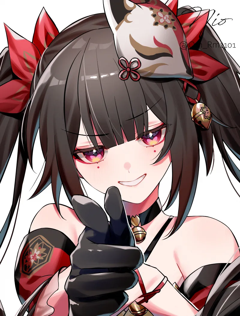 1girl bell black_choker black_gloves black_hair choker collar fox_mask gloves grin jingle_bell looking_at_viewer mask mask_on_head neck_bell pink_eyes pointing pointing_at_viewer signature simple_background smile solo twintails twitter_username upper_body white_background om_rm1101 honkai__star_rail honkai__series sparkle__honkai__star_rail