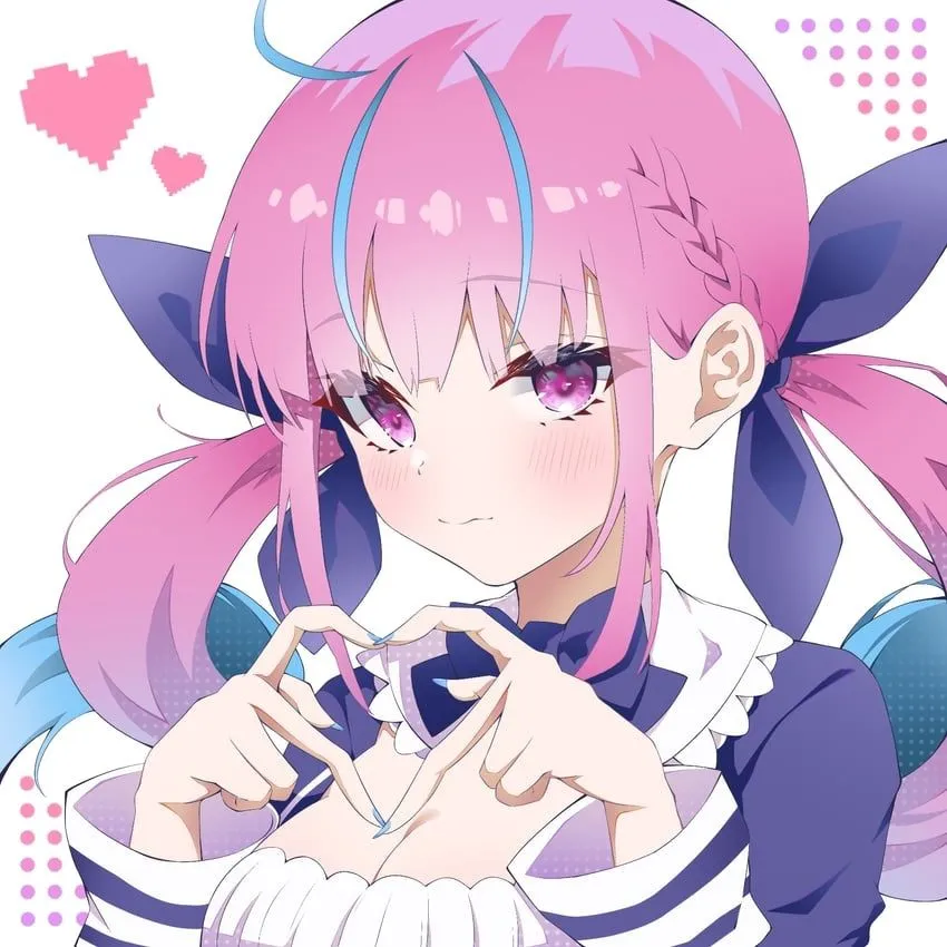 1girl ahoge bangs blue_hair blue_ribbon blush braid breasts cleavage closed_mouth colored_inner_hair eyebrows_visible_through_hair hair_ribbon heart heart_hands long_hair long_sleeves looking_at_viewer medium_breasts multicolored_hair purple_eyes ribbon sidelocks simple_background smile solo twintails two_tone_hair upper_body white_background virtual_youtuber minato_aqua