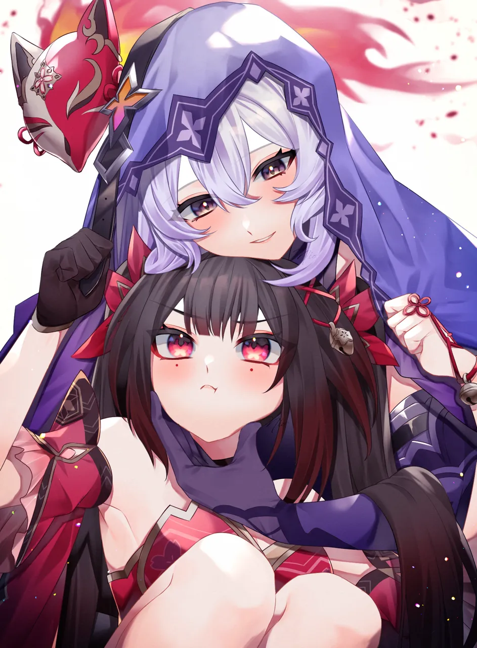 2girls _t bare_shoulders black_gloves black_hair blush detached_sleeves dress elbow_gloves facial_mark gloves grin hair_between_eyes looking_at_another multiple_girls pink_eyes purple_eyes purple_gloves purple_hair red_dress short_sleeves smile veil white_background om_rm1101 honkai__star_rail honkai__series black_swan__honkai__star_rail sparkle__honkai__star_rail