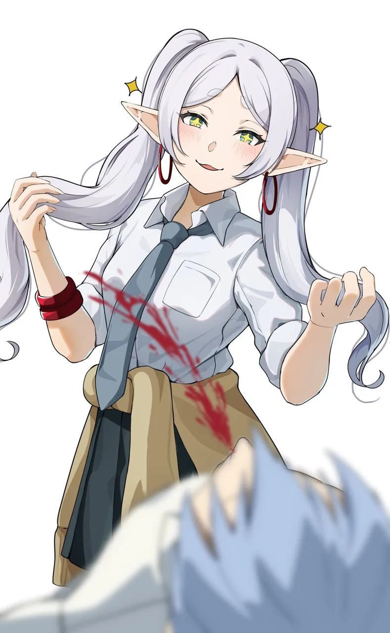 1boy 1girl blood blue_hair blush collared_shirt contemporary dress_shirt earrings elf fingernails green_eyes jewelry long_hair necktie nosebleed open_mouth pointy_ears shirt simple_background twintails yami_anko sousou_no_frieren frieren__sousou_no_frieren himmel__sousou_no_frieren
