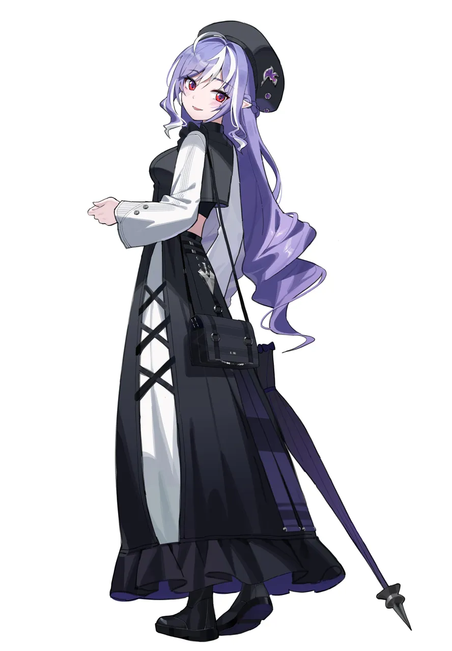 1girl alternate_costume beret black_hat black_shirt black_shoes black_skirt breasts cropped_shirt drill_hair from_behind from_side full_body hat holding holding_umbrella long_hair long_skirt medium_breasts multicolored_hair open_mouth parasol pointy_ears purple_hair red_eyes shirt shoes simple_background skirt solo streaked_hair umbrella white_hair white_sleeves niji__rudduf232 zenless_zone_zero vivian__zenless_zone_zero