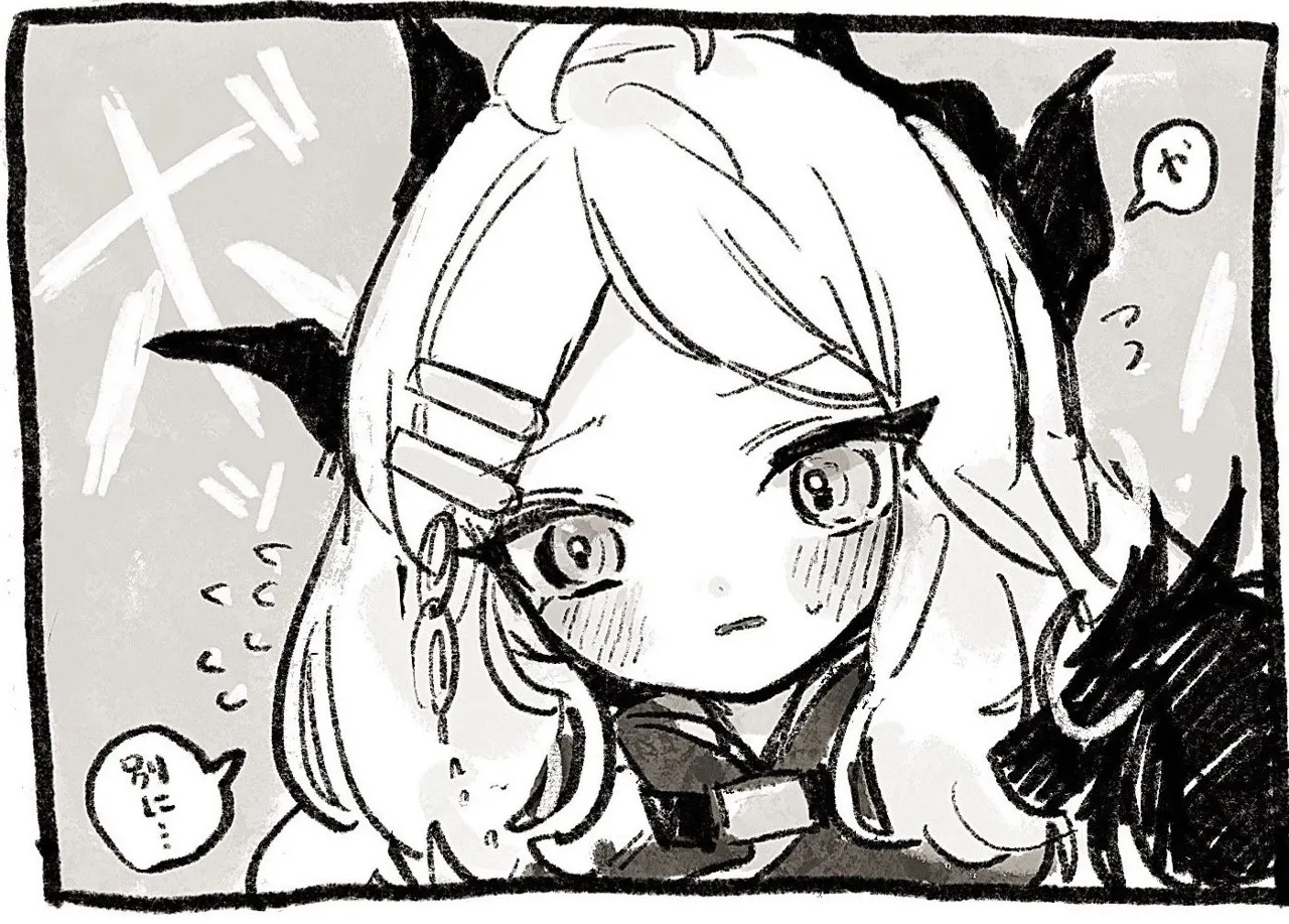 1girl ahoge black_border blush border flying_sweatdrops greyscale hair_ornament hairclip horns long_hair monochrome solo sweatdrop blue_archive hina__blue_archive