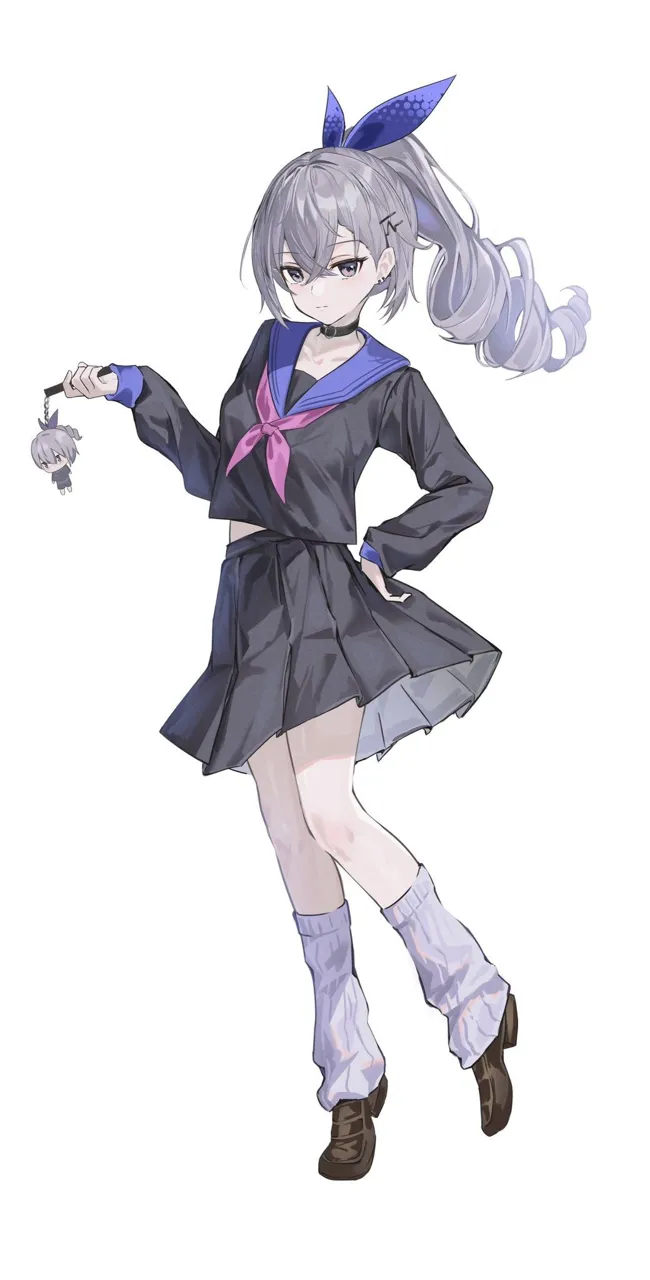 1girl black_choker black_sailor_collar black_serafuku black_shirt black_skirt blue_ribbon brown_footwear choker closed_mouth collarbone drill_hair full_body grey_hair grey_legwear hair_between_eyes hair_ornament hair_ribbon hand_on_hip holding loafers long_hair long_sleeves looking_at_viewer loose_socks neckerchief pleated_skirt ponytail red_neckerchief sailor_collar school_uniform serafuku shirt shoes simple_background skirt smile socks solo standing white_background honkai bronya_zaychik__honkai