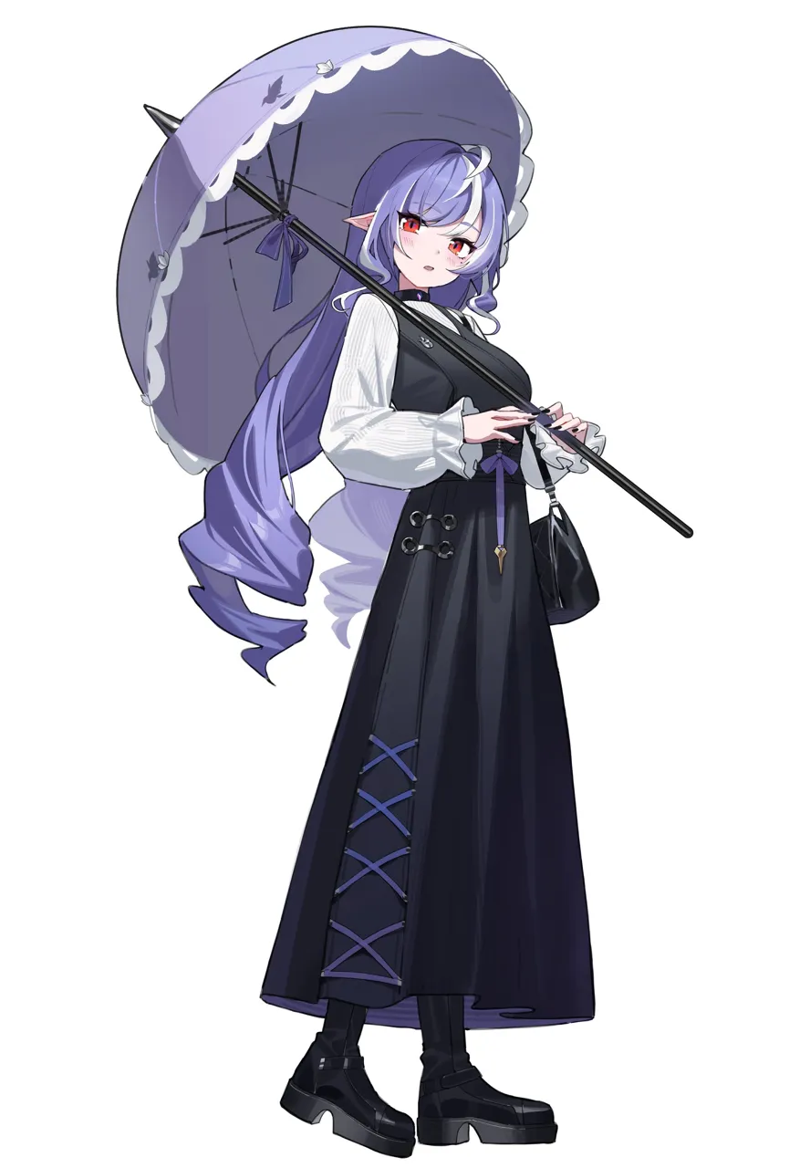 1girl black_boots black_dress black_nails boots breasts dress drill_hair full_body holding holding_umbrella long_hair long_sleeves looking_at_viewer medium_breasts multicolored_hair nail_polish open_mouth pointy_ears purple_hair red_eyes shirt simple_background solo standing streaked_hair twin_drills umbrella very_long_hair white_background white_hair white_shirt niji__rudduf232 zenless_zone_zero vivian__zenless_zone_zero