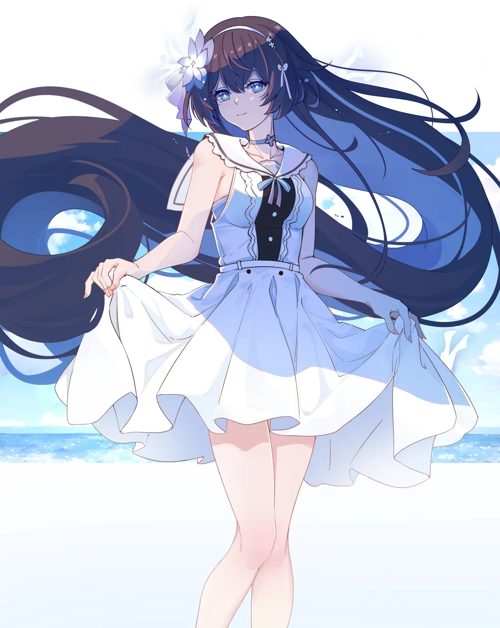 1girl absurdly_long_hair alternate_costume armpit_crease bare_arms bare_legs bare_shoulders black_hair blue_choker blue_eyes blue_hair blue_pupils breasts choker closed_mouth clothes_lift collarbone colored_inner_hair cowboy_shot dress dress_lift floating_hair flower hair_between_eyes hair_flower hair_ornament large_breasts long_dress long_hair looking_at_viewer multicolored_hair outdoors smile solo standing very_long_hair white_dress qingye_ling honkai__series honkai_impact_3rd seele_vollerei__honkai_impact_3rd seele_vollerei__herrscher_of_rebirth__honkai_impact_3rd