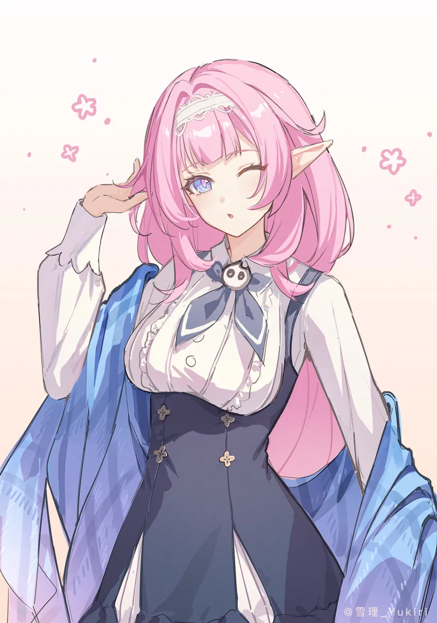 1girl black_skirt blue_eyes blue_jacket gradient_background hairband hand_up high_waist_skirt jacket long_hair looking_at_viewer off_shoulder one_eye_closed parted_lips pink_hair pointy_ears shirt skirt solo upper_body very_long_hair white_hairband white_shirt yukiri__l_ii honkai__series honkai_impact_3rd elysia__coco__honkai_impact elysia__honkai_impact elysia__miss_pink_elf__honkai_impact