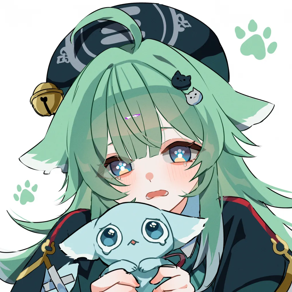 1girl ahoge animal bell beret black_shirt blue_eyes blue_hat cat_hair_ornament collared_shirt dianzi fox fox_girl green_hair hair_ornament hairclip hat holding holding_animal jingle_bell long_hair paw_shaped_pupils paw_print scared shirt symbol_shaped_pupils tears upper_body white_background om_rm1101 honkai__star_rail honkai__series huohuo__honkai__star_rail