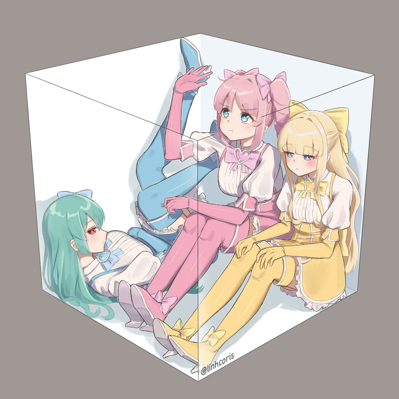 3girls artist_name blonde_hair blue_eyes boots bow box drill_hair elbow_gloves gloves green_hair grey_background hair_bow in_box in_container long_hair magical_girl multiple_girls pink_hair pout red_eyes simple_background trapped linhcoris mahou_shoujo_ni_akogarete hanabishi_haruka magia_azure magia_magenta magia_sulfur minakami_sayo tenkawa_kaoruko