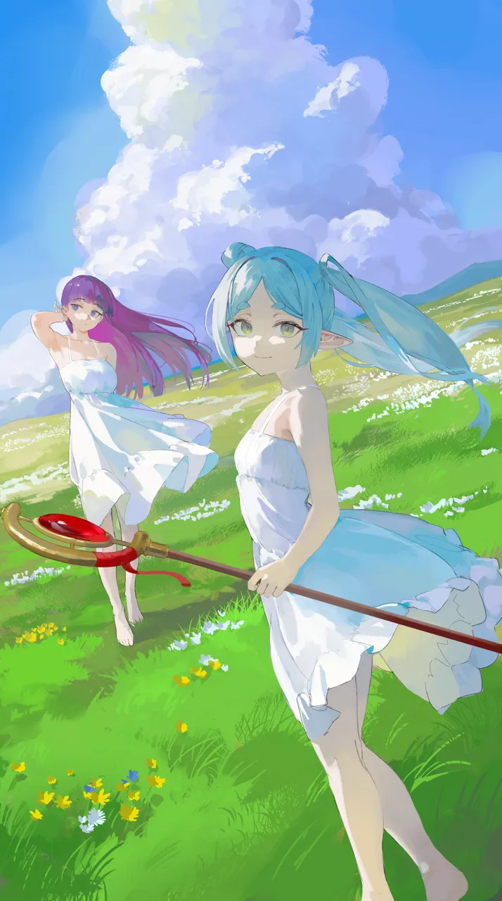 2girls adjusting_hair aqua_hair bare_legs barefoot blue_flower blue_sky blunt_bangs breasts closed_mouth cloud dress elf feet_out_of_frame floating_clothes floating_hair flower full_body grasslands green_eyes heel_up holding holding_staff large_breasts legs long_hair looking_at_viewer looking_to_the_side multiple_girls outdoors parted_bangs pointy_ears purple_eyes purple_hair sky sleeveless sleeveless_dress small_breasts smile spaghetti_strap staff straight_hair sundress thick_eyebrows toes twintails white_dress white_flower white_hair wind yellow_flower darr1o sousou_no_frieren fern__sousou_no_frieren frieren__sousou_no_frieren