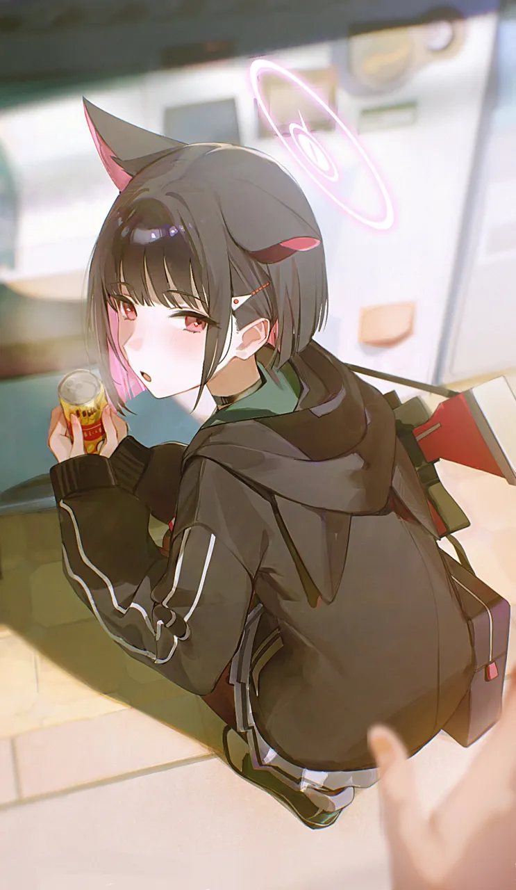 1girl animal_ears bag black_bag black_choker black_hair black_hoodie black_pantyhose bren_lmg can cat_ears cat_girl choker colored_inner_animal_ears colored_inner_hair drink_can from_behind green_sailor_collar gun hair_between_eyes holding holding_bag holding_can holding_gun holding_weapon hood hoodie light_machine_gun looking_at_viewer looking_back machine_gun medium_hair multicolored_hair pantyhose pink_eyes pov sailor_collar sidelocks skirt squatting weapon white_skirt flatshi blue_archive kazusa__blue_archive