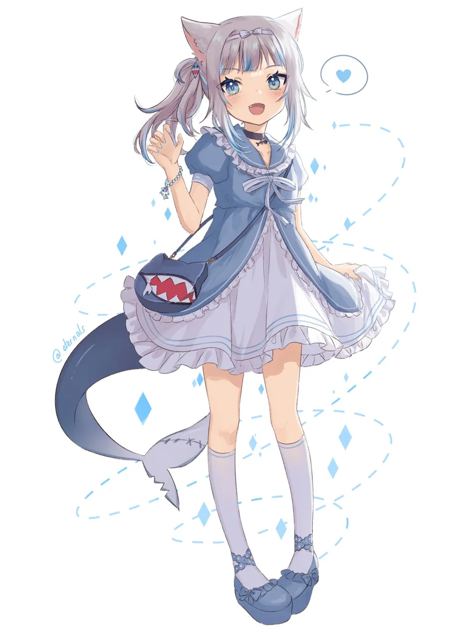 1girl alternate_costume bag black_dress blue_eyes blue_hair blush bow_hairband bracelet claw_pose dress fang fingernails fins fish_tail frilled_dress frills grey_hair hairband handbag heart jewelry medium_hair multicolored_hair nail_polish one_eye_closed open_mouth sailor_collar sailor_dress shark_girl shark_tail side_ponytail simple_background smile solo spoken_heart streaked_hair tail virtual_youtuber white_background white_dress ten_chan__eternal_s hololive gawr_gura__hololive