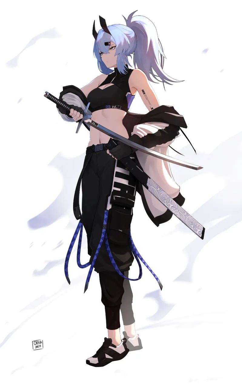 1girl arm_tattoo barcode barcode_tattoo black_gloves blue_eyes blue_hair breasts cleavage_cutout clothing_cutout fingerless_gloves gloves hair_between_eyes hair_ornament hairclip holding holding_sword holding_weapon jacket katana long_hair medium_breasts navel off_shoulder open_clothes open_jacket ponytail solo sword tattoo weapon white_background the_atko saki__the_atko