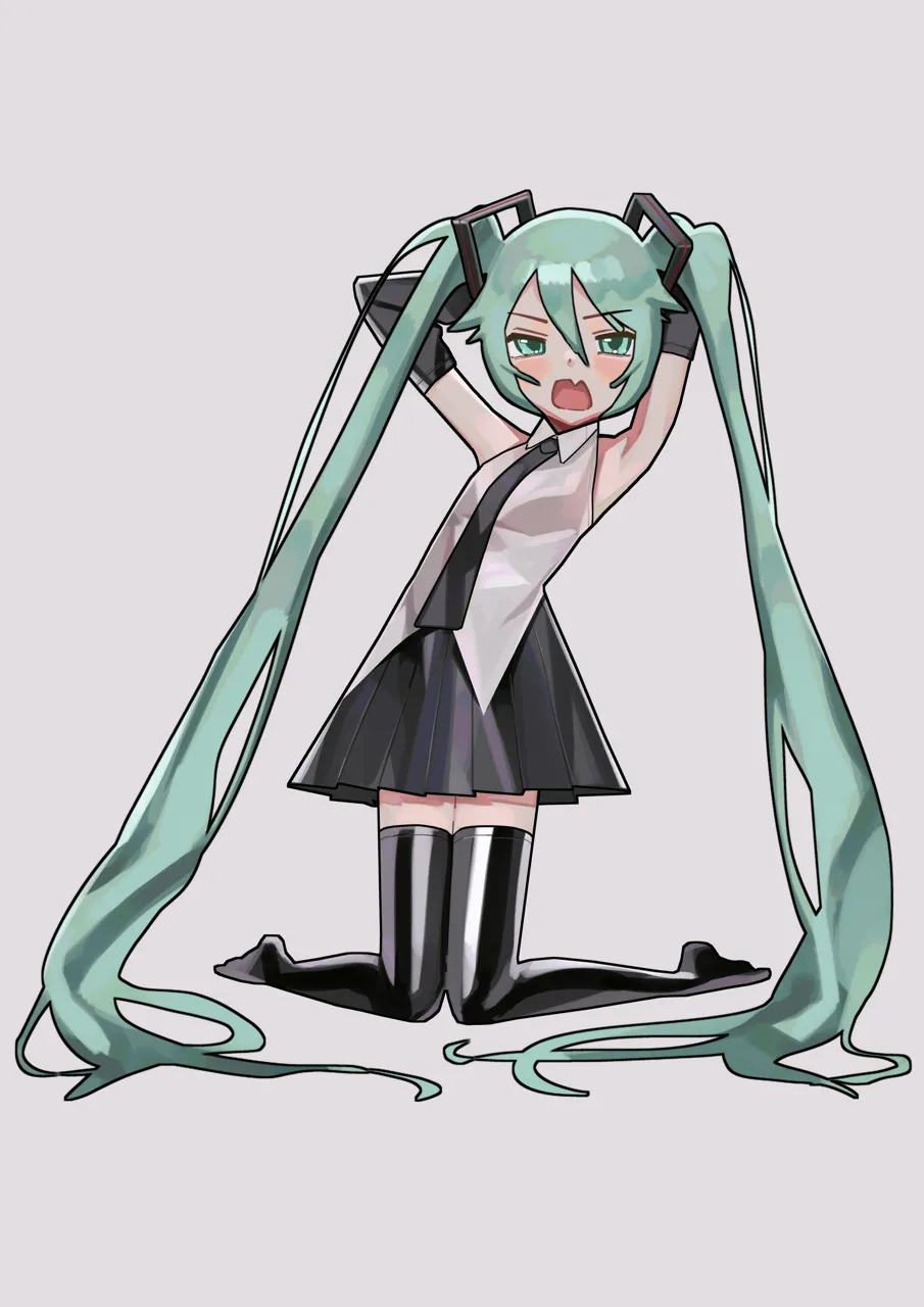 1girl armpits black_necktie black_skirt black_thighhighs fang full_body green_eyes green_hair long_hair necktie open_mouth shirt simple_background skin_fang skirt solo thighhighs twintails white_background white_shirt zettai_ryouiki saaal653 vocaloid hatsune_miku