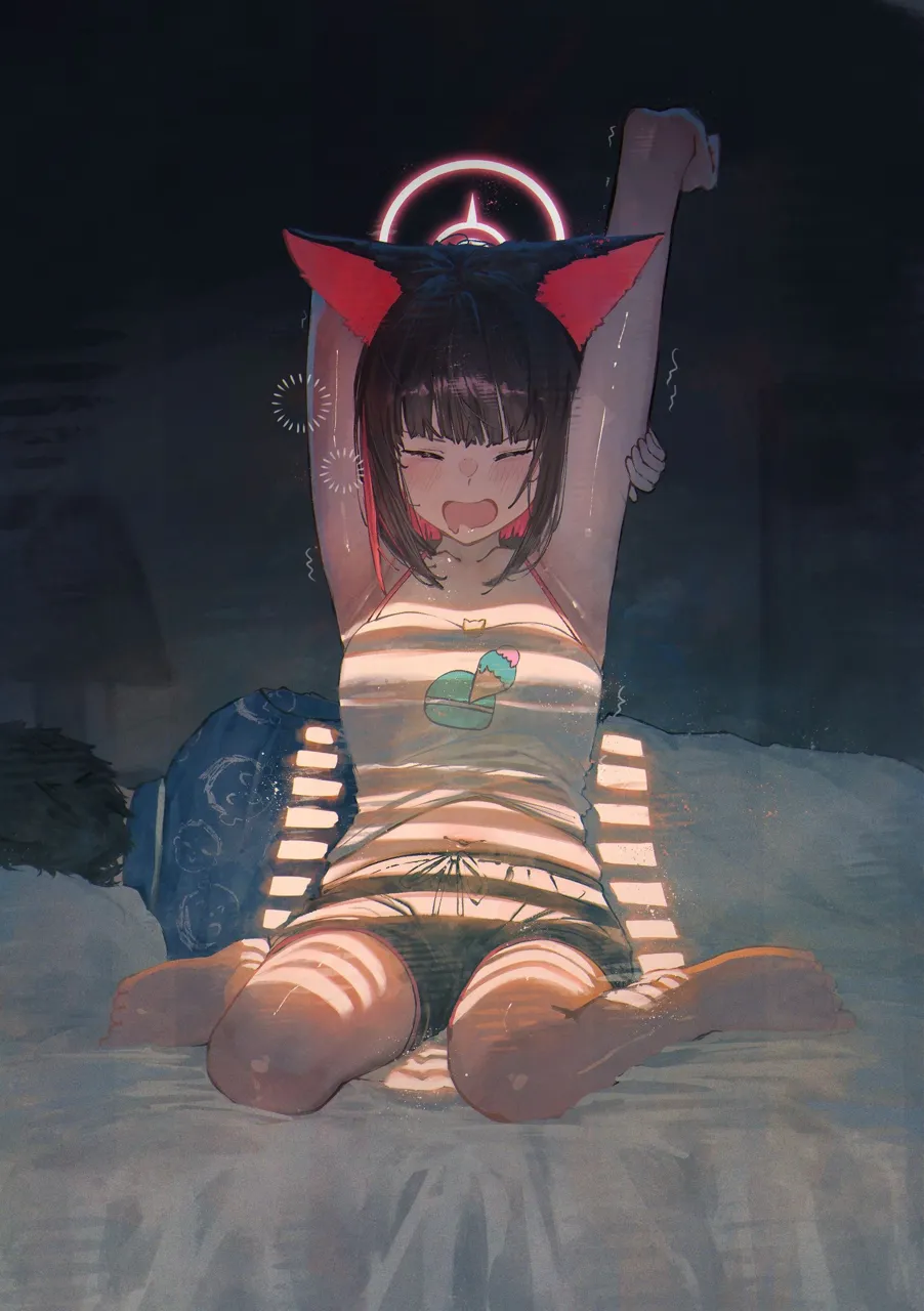 1boy 1girl animal_ear_fluff animal_ears arms_up bangs black_hair blunt_bangs blush breasts closed_eyes open_mouth stretch trembling yawn blue_archive kyoyama_kazusa__blue_archive