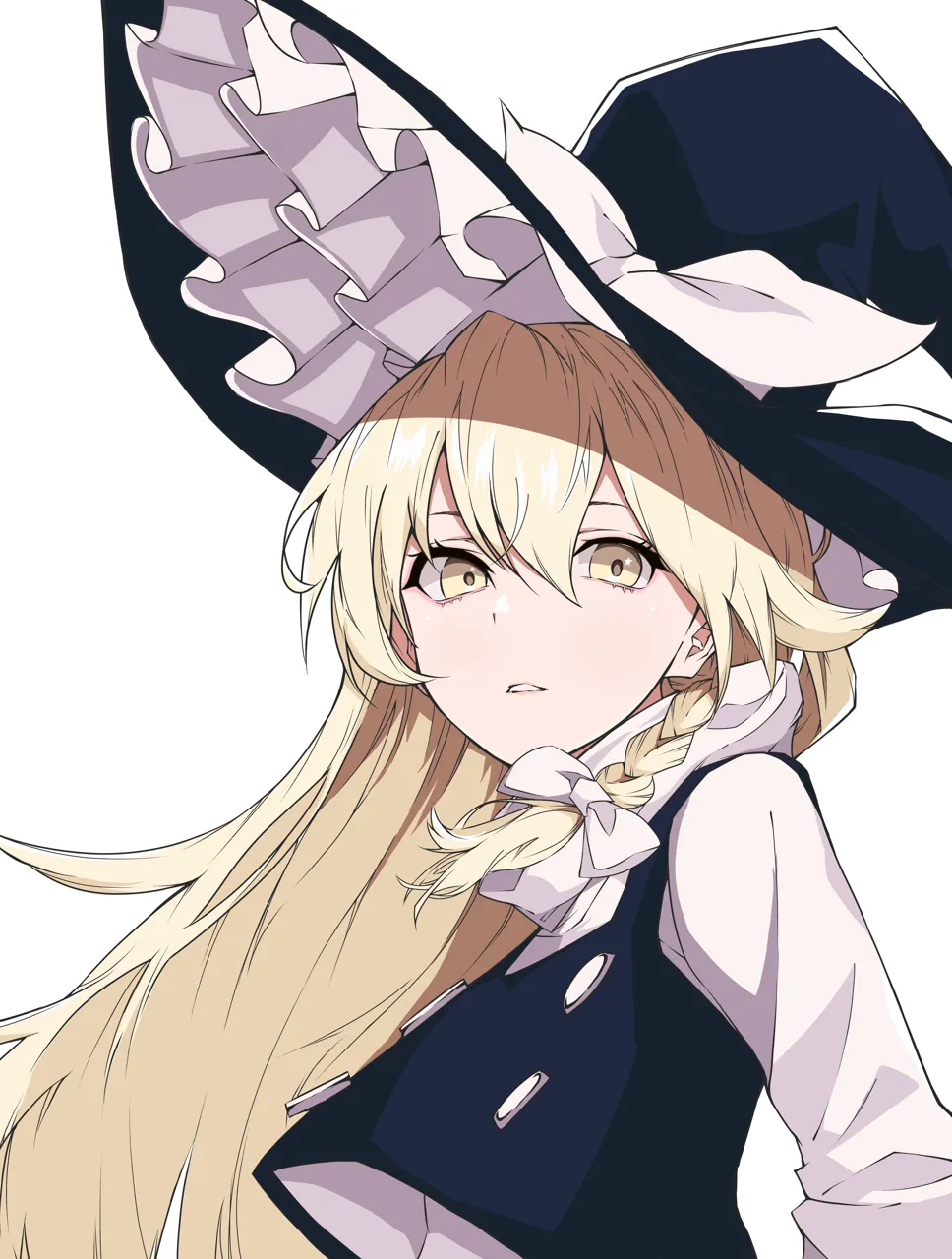 1girl black_hat blonde_hair bow braid buttons hair_between_eyes hair_bow hair_ribbon hat hat_bow long_hair looking_at_viewer parted_lips ribbon side_braid simple_background single_braid solo tress_ribbon upper_body white_background white_bow witch_hat yellow_eyes kawahara0527 touhou kirisame_marisa
