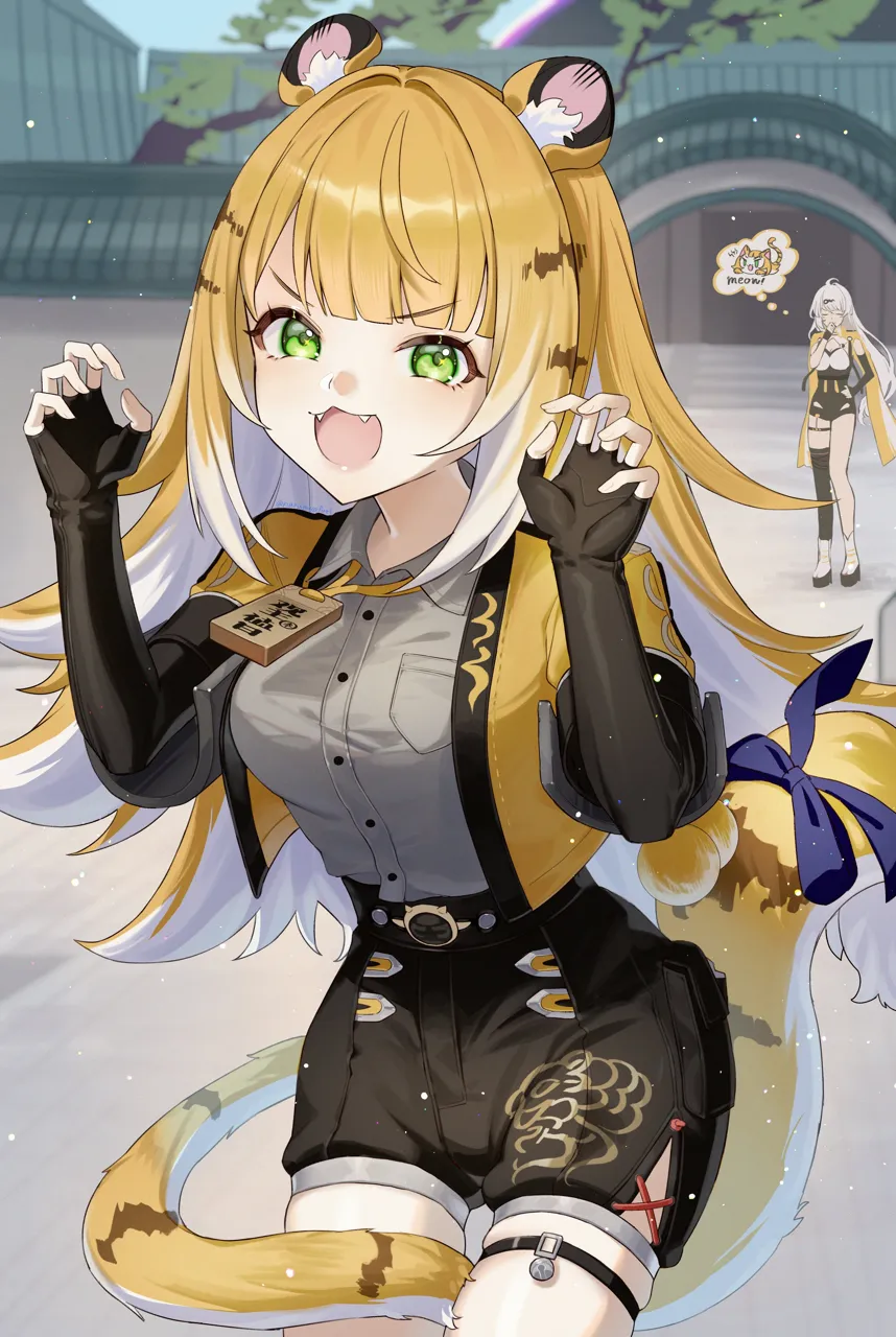 2girls ahoge animal_ear_fluff animal_ears black_gloves bow collared_shirt elbow_gloves fingerless_gloves gloves green_eyes grey_shirt high_waist_shorts jacket long_hair multiple_girls orange_fur outdoors shirt shorts single_thighhigh skindentation smile speech_bubble striped_fur tail tail_bow tail_ornament thigh_strap thighhighs tiger_ears tiger_girl tiger_tail white_hair yellow_jacket fuli__narumiyafuri zenless_zone_zero ju_fufu__zenless_zone_zero yixuan__zenless_zone_zero