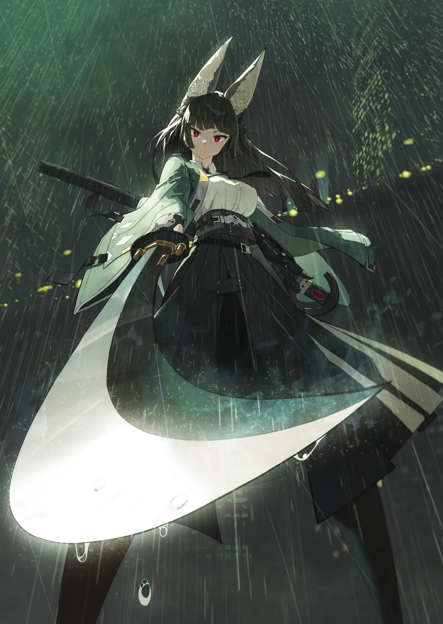 1girl animal_ear_fluff animal_ears black_hair blunt_bangs breasts closed_mouth collared_shirt dress_shirt foreshortening fox_ears fox_girl from_below green_jacket high_waist_skirt holding holding_sword holding_weapon jacket katana large_breasts long_hair looking_at_viewer night night_sky outdoors pointing_melee_weapon pointing_sword rain red_eyes shirt skirt sky solo sword weapon wet white_shirt midfinger zenless_zone_zero hoshimi_miyabi__zenless_zone_zero