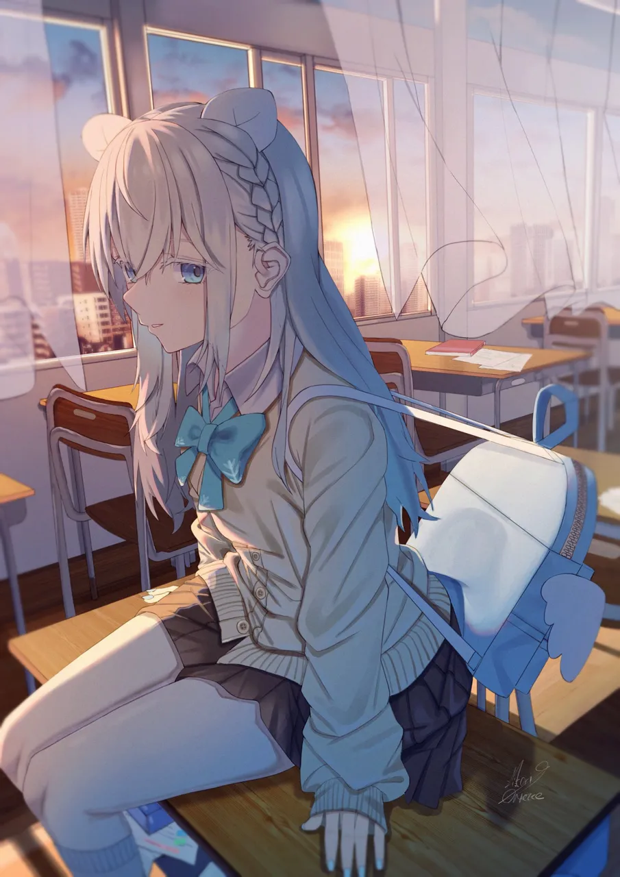 1girl backpack bag blue_bow blue_bowtie blue_eyes blue_nails bow bowtie braid brown_skirt cardigan chair chalkboard city classroom colored_eyelashes curtains desk french_braid grey_hair hair_between_eyes indoors kneehighs light_smile long_hair long_sleeves looking_at_viewer miniskirt on_desk parted_lips pleated_skirt school_chair school_desk school_uniform shirt sitting skirt sleeves_past_wrists socks solo thighs white_shirt window wing_collar yellow_cardigan maria_onnette