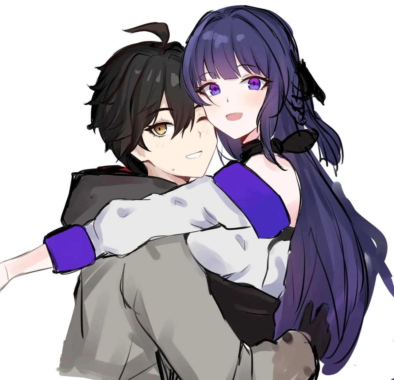 1boy 1girl ahoge bare_shoulders black_gloves black_hair brown_eyes coat gloves grey_coat grin hetero hime_cut hug long_hair long_sleeves looking_at_viewer one_eye_closed open_mouth purple_eyes purple_hair short_hair simple_background smile teeth white_background mini2chainz honkai__series honkai_impact_3rd adam__honkai_impact raiden_mei__honkai__series raiden_mei__apho__honkai__series