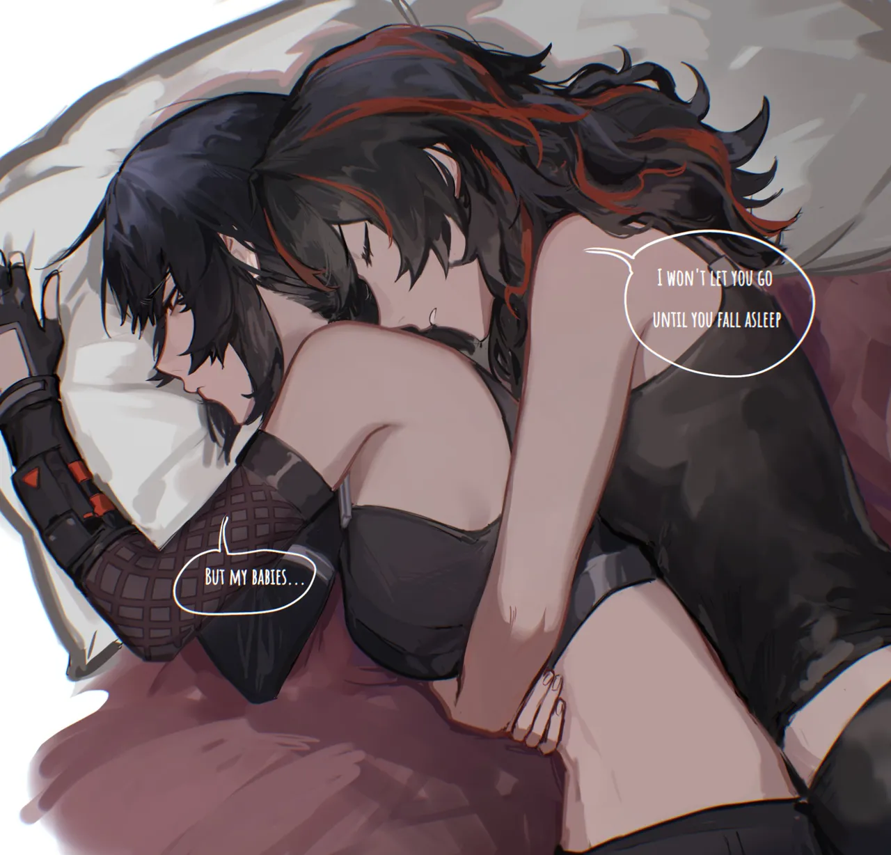 2girls black_gloves black_hair closed_eyes closed_mouth crop_top english_text fingerless_gloves fingernails gloves hair_between_eyes hug hug_from_behind indoors long_hair lying multicolored_hair multiple_girls on_bed on_side parted_lips red_hair sidelocks sleeping speech_bubble streaked_hair two_tone_hair yuri 1nuyaki zenless_zone_zero grace_howard__zenless_zone_zero zhu_yuan__zenless_zone_zero