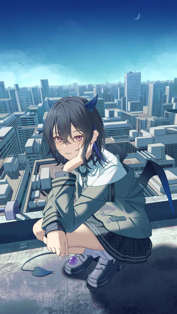 1girl black_hair blazer building candy collared_shirt crescent_moon demon_horns demon_tail demon_wings food grey_jacket grey_skirt head_rest holding holding_candy holding_food holding_lollipop horns jacket loafers lollipop long_sleeves looking_at_viewer moon multicolored_hair necktie open_clothes open_jacket outdoors purple_eyes rooftop shirt shoes single_off_shoulder skirt sky socks solo squatting streaked_hair tail virtual_youtuber white_shirt white_socks wings maria_onnette lupinus_virtual_games vspo ichinose_uruha__vspo ichinose_uruha__6th_costume__vspo