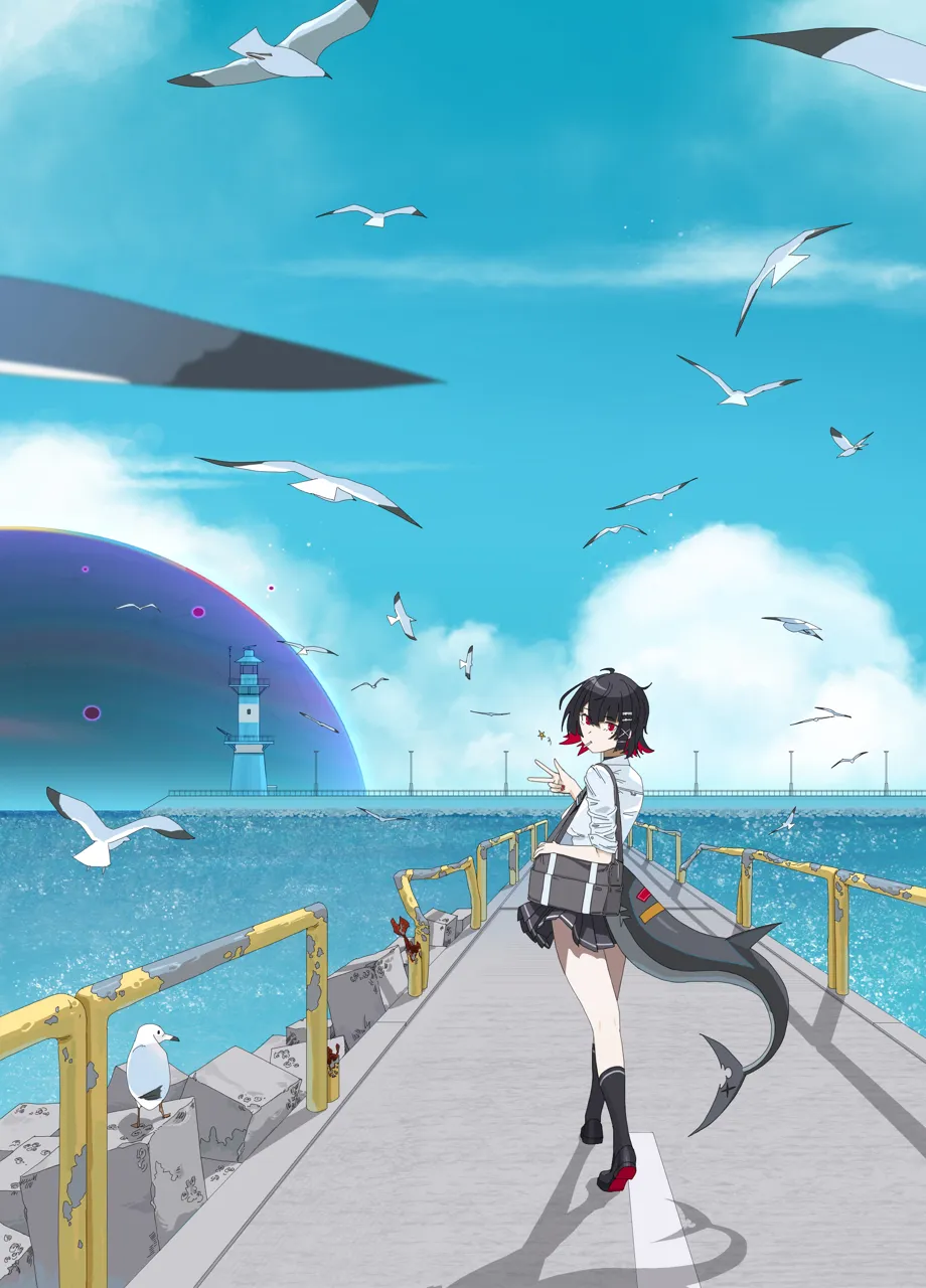 1girl bag bird black_hair black_shoes black_skirt black_socks blue_sky breasts cloud day fins fish_tail food_in_mouth from_behind jetty large_breasts lighthouse looking_back ocean red_eyes scenery school_uniform seagull shark_girl shark_tail shirt shoes shoulder_bag skirt sky socks solo tail three_finger_salute walking white_shirt midfinger zenless_zone_zero ellen_joe__zenless_zone_zero ellen_joe__on_campus__zenless_zone_zero