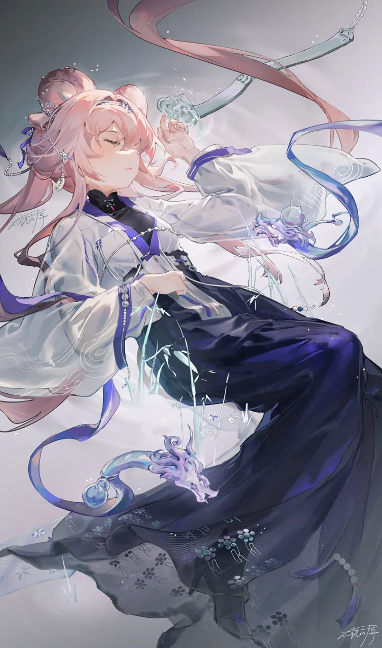 1girl animal_ears black_boots black_shirt black_skirt boots breasts chinese_clothes closed_eyes dragon eastern_dragon foot_out_of_frame hair_intakes hair_over_one_eye hairband hanfu long_hair long_skirt lying mouse_ears mouse_girl official_alternate_costume on_back one_eye_covered open_mouth pink_hair print_shirt print_skirt ruyi see_through_clothes see_through_skirt shirt signature skirt small_breasts solo very_long_hair white_hairband white_hanfu white_shirt asona arknights lin__arknights lin__heavenly_mirage__arknights