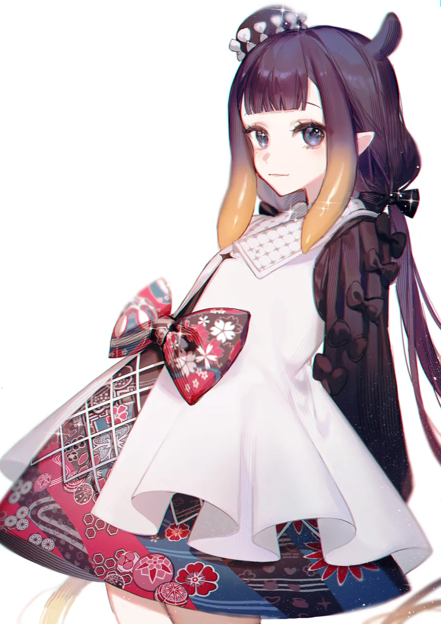 1girl animal_ears arms_behind_back asa_no_ha__pattern black_eyes black_hair black_handwear blunt_bangs bow breasts closed_mouth clover_print cowboy_shot dress eyelashes floral_print gradient_hair hat heart heart_print light_smile long_hair long_sleeves looking_at_viewer low_twintails mesh mini_hat mole mole_under_eye multicolored_hair multicolored_skirt official_alternate_costume official_alternate_hairstyle orange_hair pointy_ears sidelocks simple_background skirt small_breasts solo sparkle temari_print tentacle_hair tilted_headwear twintails two_tone_hair very_long_hair virtual_youtuber white_background white_dress smilesmile1312 hololive ninomae_ina_nis__hololive ninomae_ina_nis__party_dress__hololive