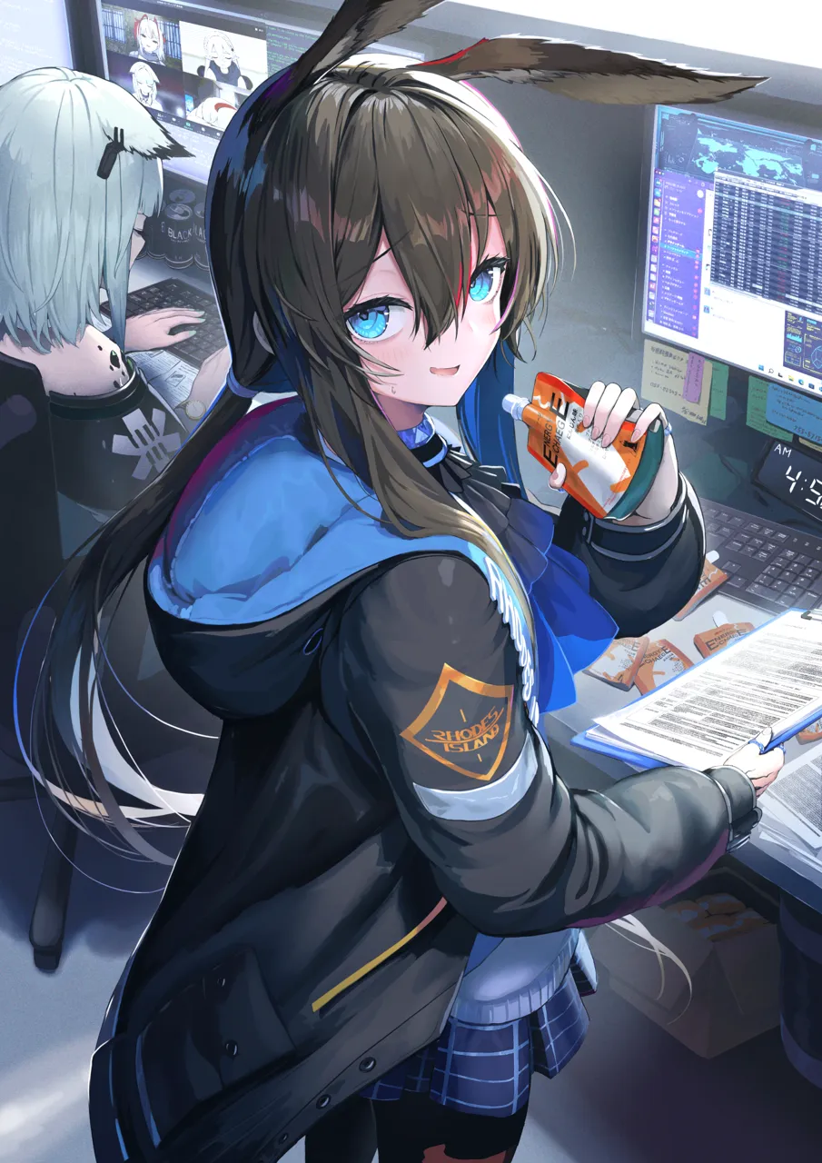 2girls animal_ear_fluff animal_ears bare_shoulders black_jacket blue_eyes blue_skirt blush brown_hair cat_ears computer dress hair_between_eyes hood jacket jewelry long_hair long_sleeves looking_at_viewer material_growth monitor multiple_girls off_shoulder oripathy_lesion__arknights pantyhose pleated_skirt rabbit_ears ring short_hair skirt smile solo_focus white_hair zoom_chat pi__p77777778 arknights amiya__arknights kal_tsit__arknights w__arknights warfarin__arknights