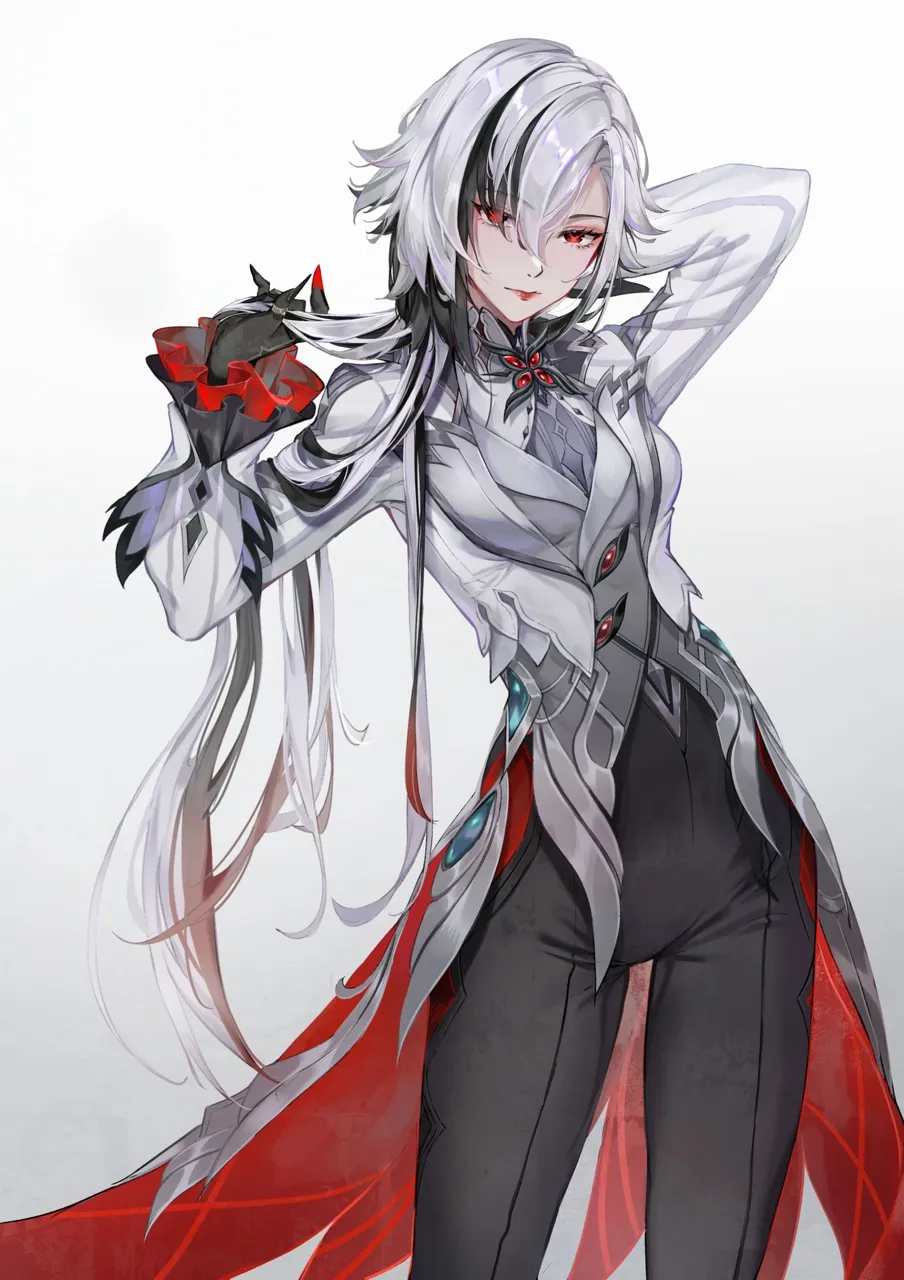 1girl arm_up black_eyes black_hair breasts coat gradient_background grey_background grey_hair hair_between_eyes hand_up long_hair long_sleeves looking_at_viewer multicolored_hair red_lips red_pupils small_breasts solo streaked_hair symbol_shaped_pupils x_shaped_pupils mihan__mihan_art genshin_impact arlecchino__genshin_impact