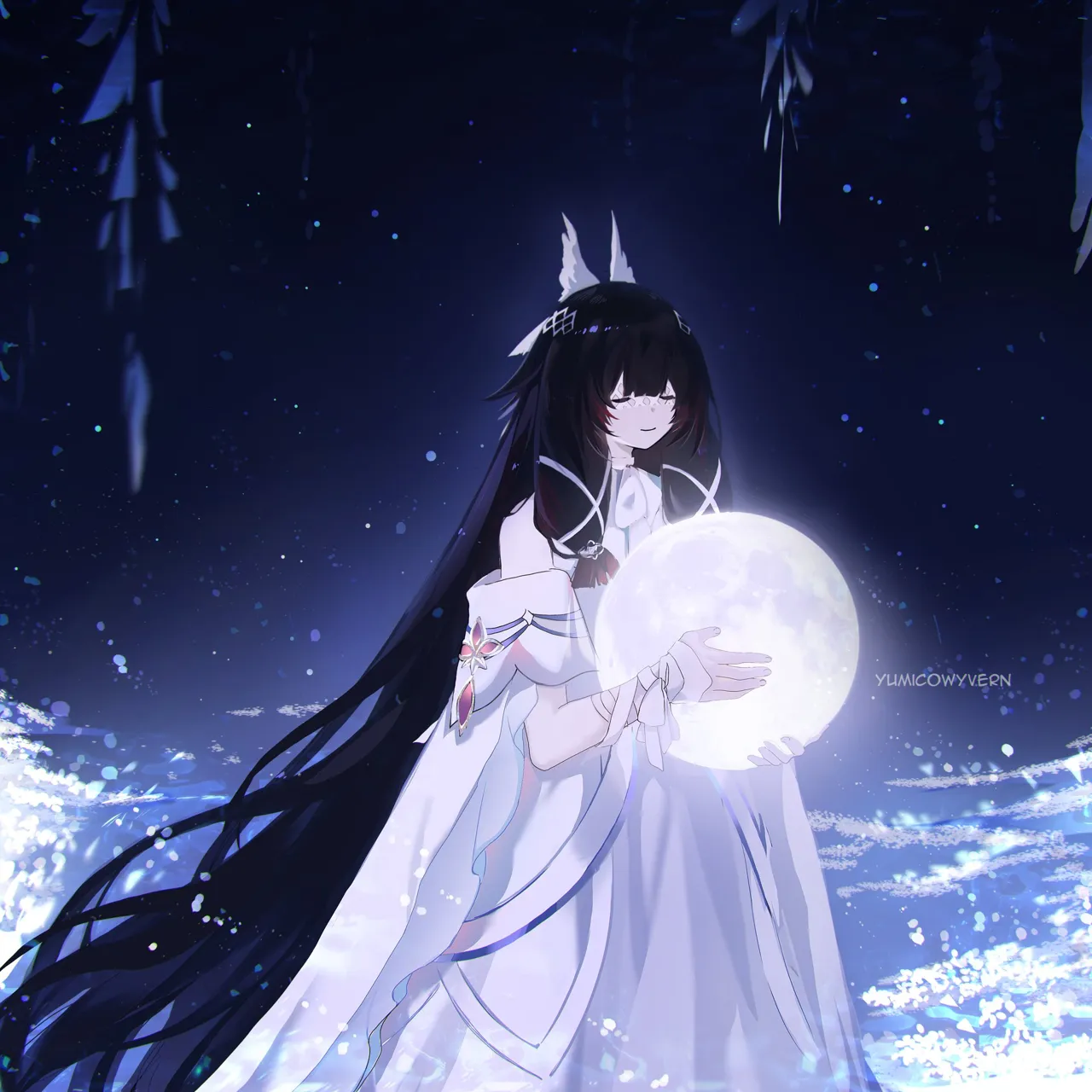 1girl angel_wings bandaged_arm bandages bare_shoulders black_hair blindfold closed_eyes dress light_smile long_hair moon snow very_long_hair white_dress wings yumicowyvern genshin_impact columbina__genshin_impact