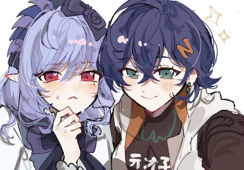 2girls blue_hair blush closed_mouth green_eyes hair_between_eyes hair_ornament letter_hair_ornament long_hair long_sleeves looking_at_viewer mole mole_under_eye multiple_girls purple_hair red_eyes short_hair simple_background smile sweat upper_body white_background jako_gnsn zenless_zone_zero belle__zenless_zone_zero vivian__zenless_zone_zero