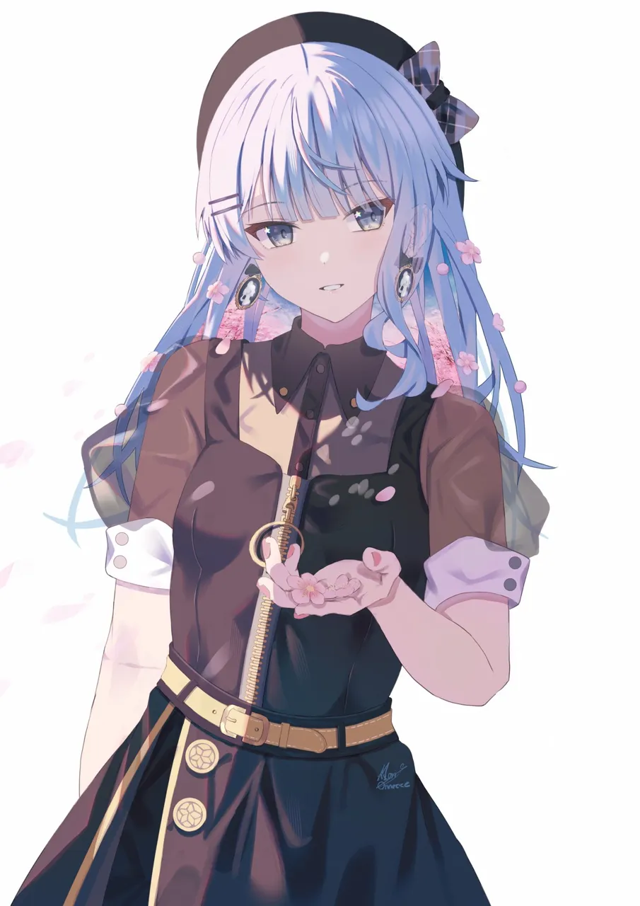 1girl arm_at_side beret black_dress black_hat blue_eyes blue_hair blunt_bangs cherry_blossoms choppy_bangs collared_dress cowboy_shot dress flower hair_flower hair_ornament hairclip hat holding holding_flower long_hair looking_at_viewer official_alternate_costume official_alternate_hair_length official_alternate_hairstyle parted_lips puffy_short_sleeves puffy_sleeves see_through_clothes see_through_sleeves short_sleeves simple_background sleeve_cuffs smile solo star__symbol star_in_eye symbol_in_eye virtual_youtuber white_background maria_onnette hololive hoshimachi_suisei__hololive hoshimachi_suisei__maid__hololive