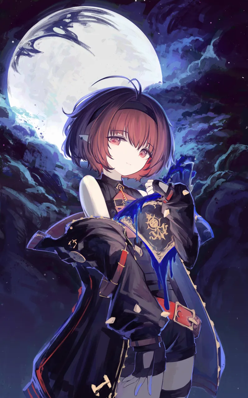 1girl antenna_hair bare_shoulders black_gloves black_hairband black_jacket black_shirt black_shorts book closed_mouth cloud cloudy_sky cowboy_shot expressionless fingerless_gloves full_moon gloves hair_between_eyes hair_intakes hairband hand_on_own_chest holding holding_book jacket legs_together looking_at_viewer moon night off_shoulder open_book open_clothes open_jacket outdoors pointy_ears red_eyes red_hair shirt short_hair shorts sky sleeveless sleeveless_shirt solo star__sky darkworldsss dungeon_and_fighter eclipse__dungeon_and_fighter female_mage__dungeon_and_fighter summoner__dungeon_and_fighter