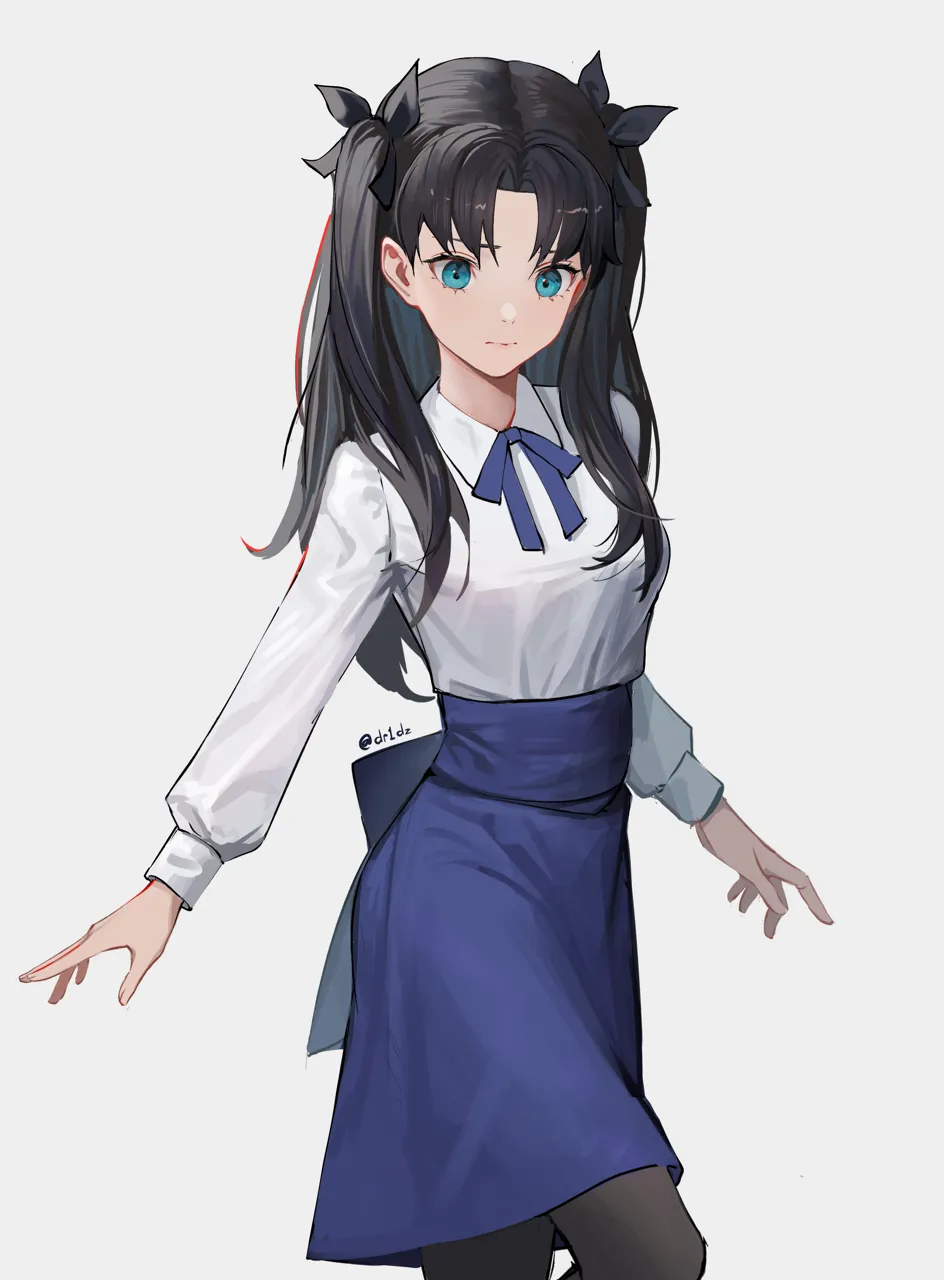 1girl black_bow black_hair black_pantyhose blue_bow blue_bowtie blue_eyes blue_ribbon blue_skirt bow bowtie closed_mouth collared_shirt cosplay feet_out_of_frame hair_bow long_hair long_sleeves looking_at_viewer medium_skirt neck_ribbon pantyhose parted_bangs ribbon saber__fate__cosplay shirt simple_background skirt solo standing twitter_username two_side_up white_background white_shirt drid fate_stay_night fate__series artoria_pendragon__fate saber__fate tohsaka_rin