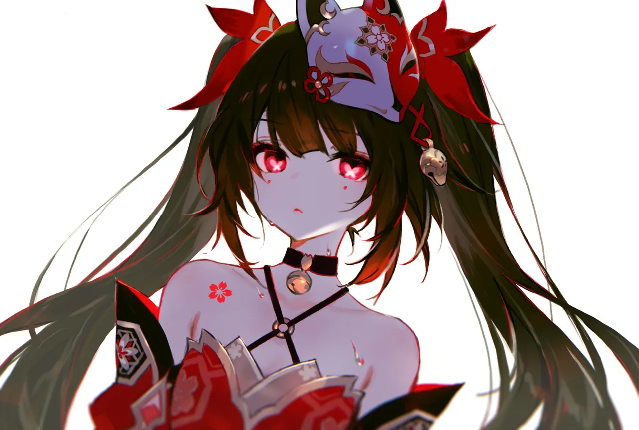 1girl bare_shoulders bell black_choker brown_hair choker detached_sleeves expressionless facial_mark flower_tattoo fox_mask japanese_clothes long_hair looking_at_viewer mask mask_on_head neck_bell red_eyes simple_background sleeveless solo tattoo tears twintails upper_body white_background adelie_cat honkai__star_rail honkai__series sparkle__honkai__star_rail