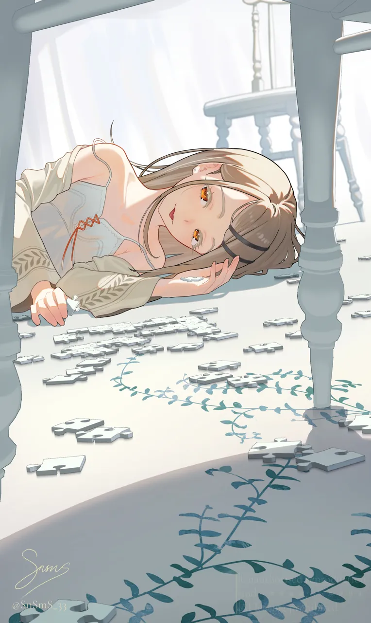1girl bare_shoulders blonde_hair camisole flat_chest hair_ornament hairclip jacket long_hair lying on_floor on_side orange_eyes plant puzzle puzzle_piece solo tongue tongue_out upper_body vines white_camisole nananamako gakuen_idolmaster idolmaster shinosawa_hiro__idolmaster
